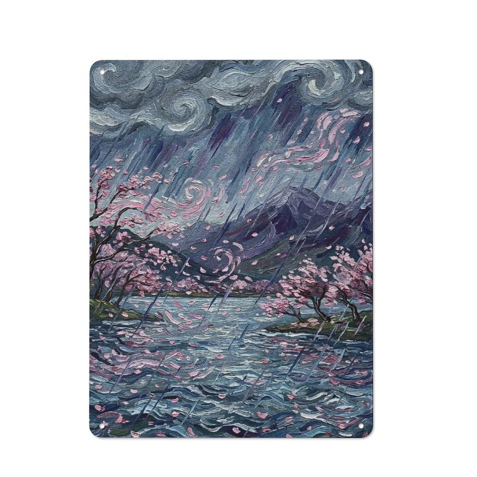 Junmoney Style-16 Rainy Cherry Blossom Landscape Painting Retro Metal Wall Decor 40X30cm, Vintage Metal Sign For Cafe, Pub, Workshop Or Home Bar