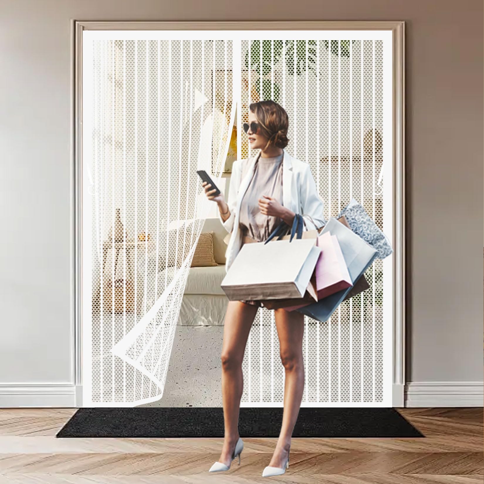 Mosquito Door Screen 173 x 155 cm Powerful Magnets, Self-Sealing, Polyester Door Screen, Nets Patio Curtain Without Drilling, Heavy Duty for Living Garage Doors, White