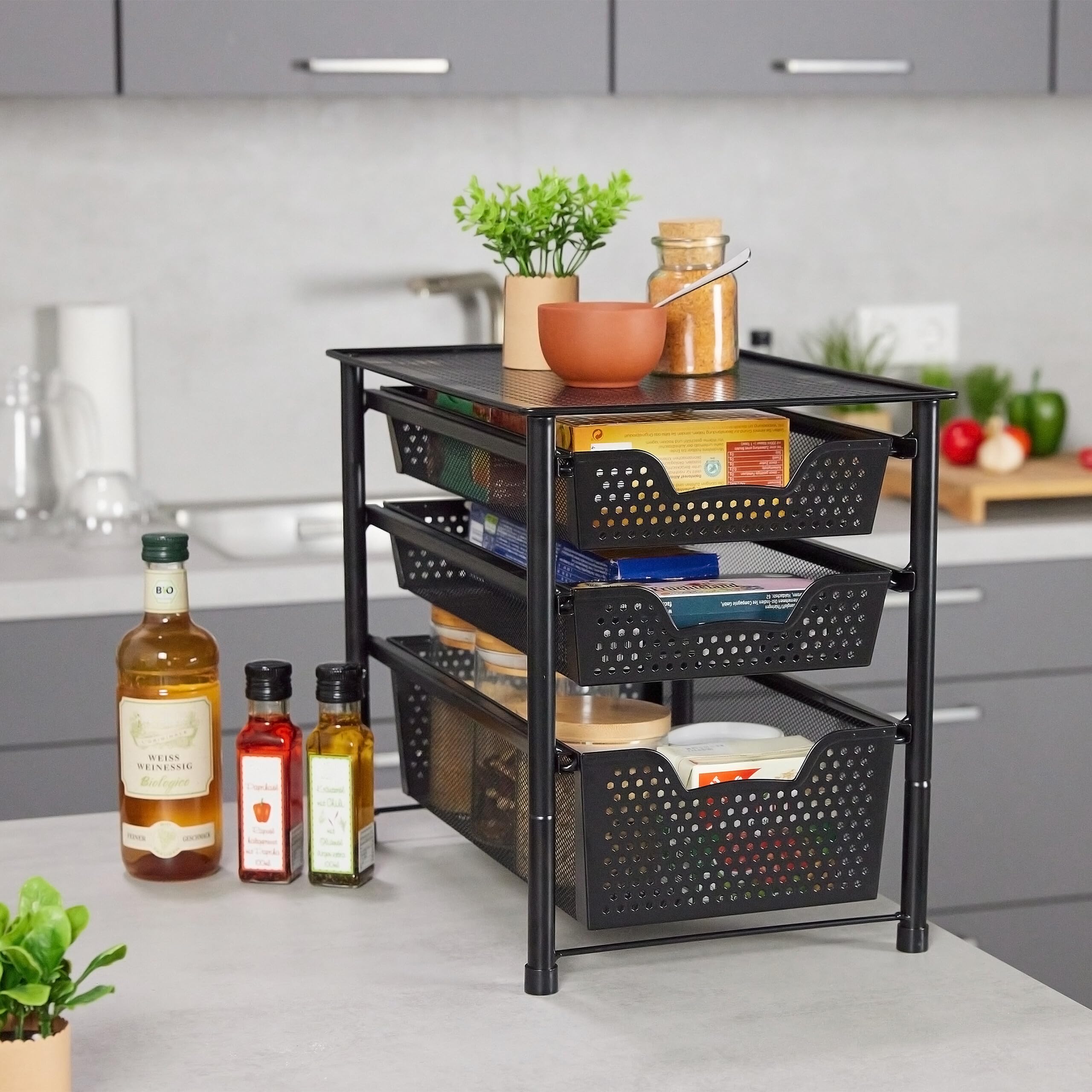 Relaxdays Schubladenregal, stapelbarer Büro Organizer, 3 Ausziehkörbe, Metall, Küche, Bad, HBT: 35x28x42,5 cm, schwarz