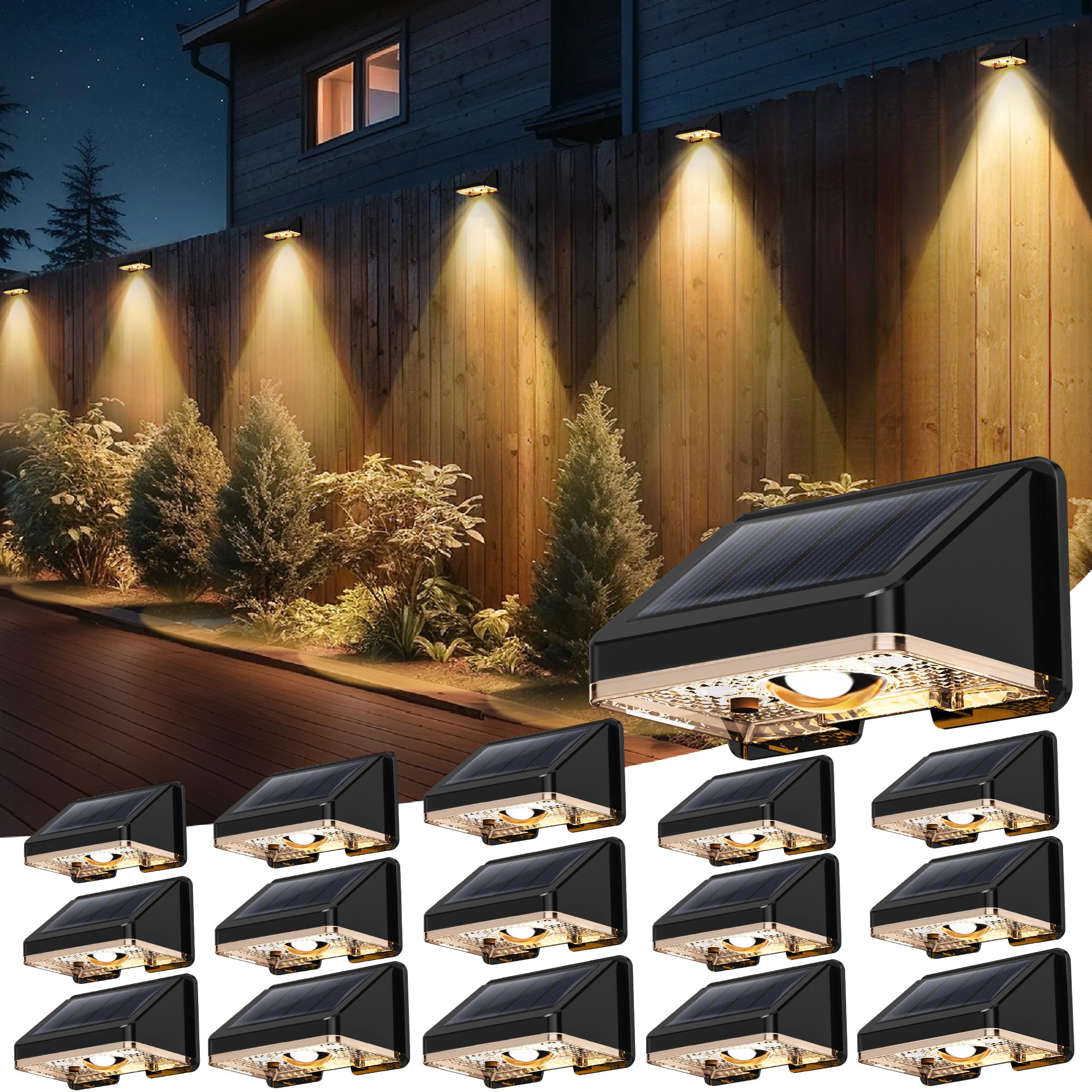 Aplique Solar Pared Exterior，Luz Solar Exteriore，IP67 Impermeable Luces Solares Exterior Jardín Diseño Inalámbrico Para Vallas Patio Balcones Y Terrazas，16Pack