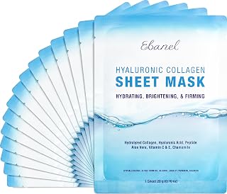 Ebanel 15-Pack Collagen Face Masks with Hyaluronic Acid, Vitamin C, Peptides - Korean Sheet Masks for Instant Hydration, Brightening, Firming & Anti-Aging