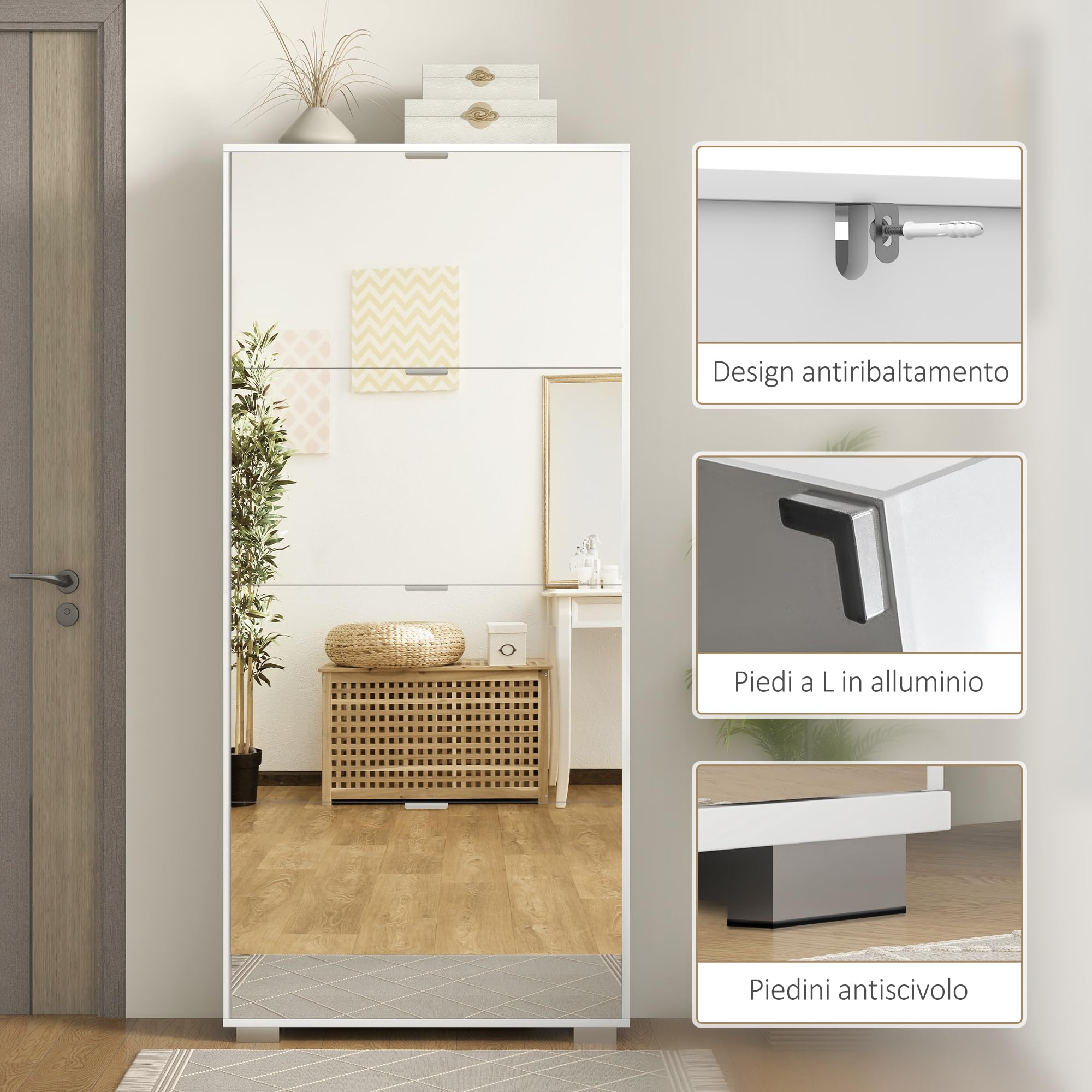 HOMCOM Scarpiera Salvaspazio con Specchio e 4 Cassetti a Ribalta, Mobile Portascarpe Slim per 24 Paia di Scarpe per Ingresso e Camera, 76x26x178cm, Bianco