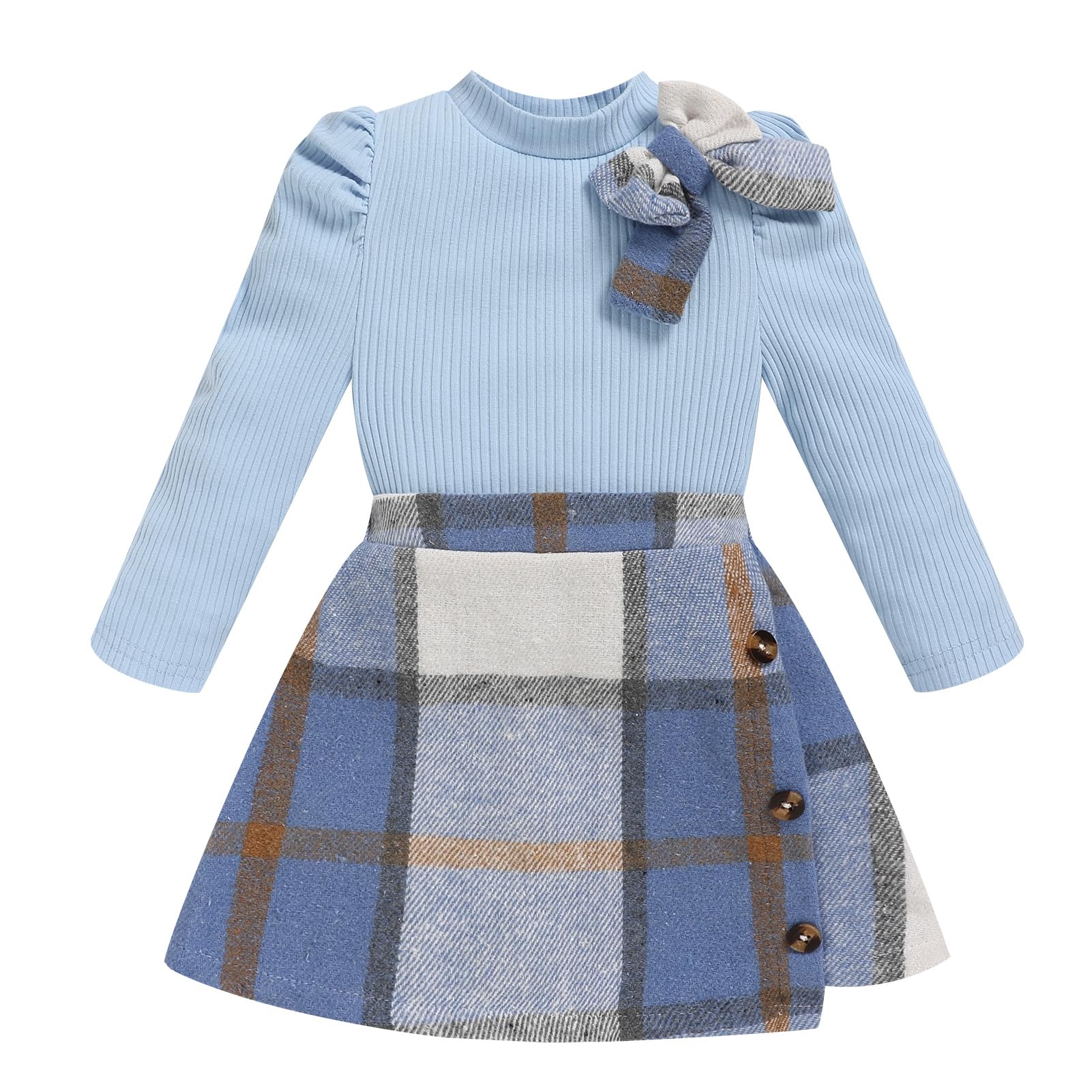 Toddler Girl Plaid Outfits Fall Winter Dress Knit Ribbed Bow Sweatshirt Tops and Button Fashion Skirts Set