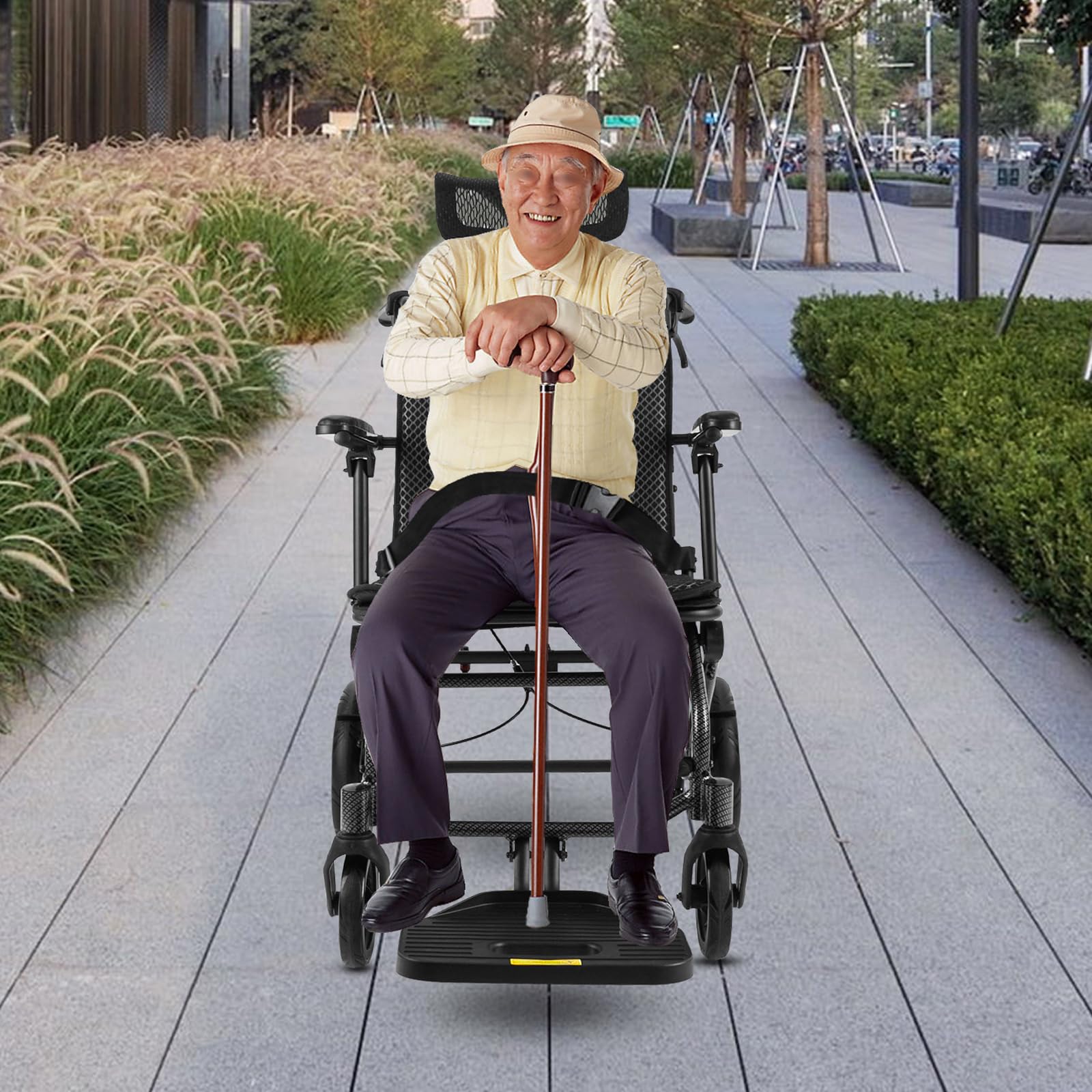 Silla de ruedas plegable de viaje, silla de ruedas ligera reclinable, silla de ruedas portátil para personas mayores con reposacabezas, respaldo ajustable de 90° a 175°, capacidad de carga de 130 kg