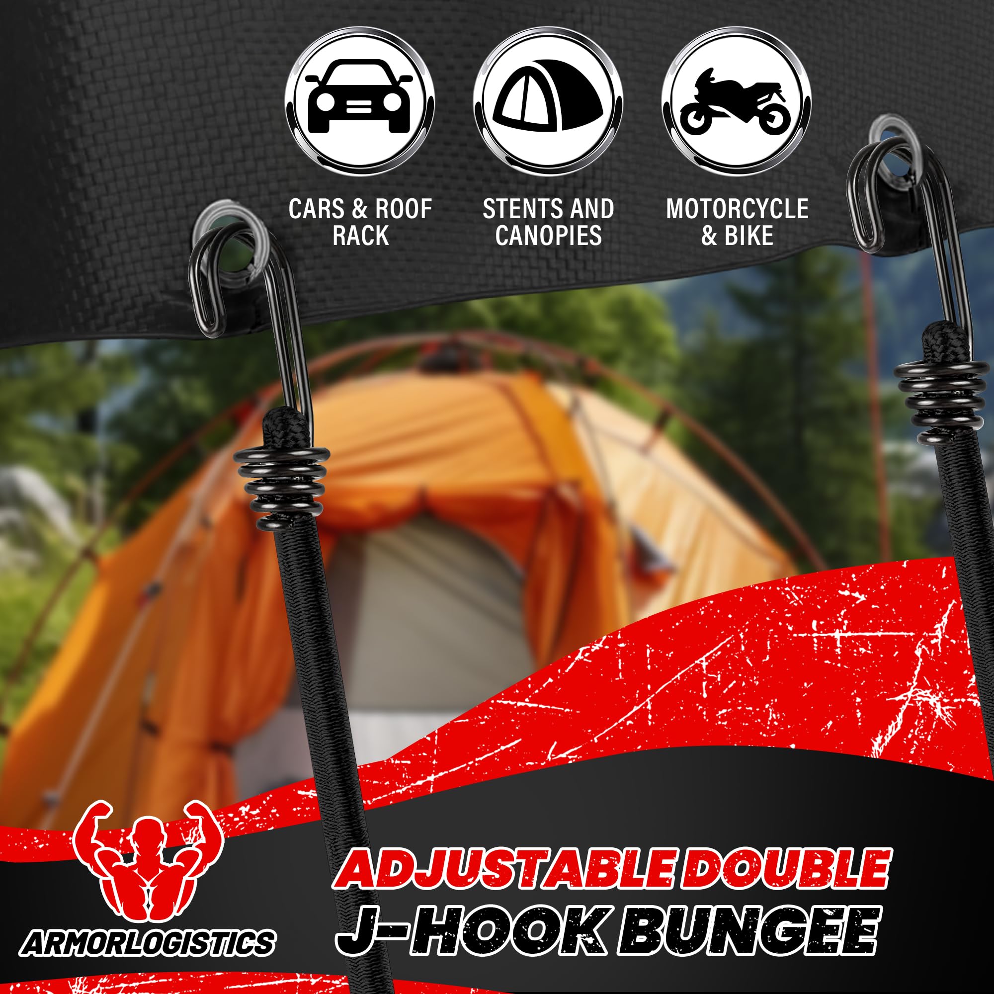 ARMORLOGISTICS 20-Pack Heavy Duty Bungee Cords - 72 Inch, Double J-Hooks, Black Elastic Straps With Storage Bag - View #2