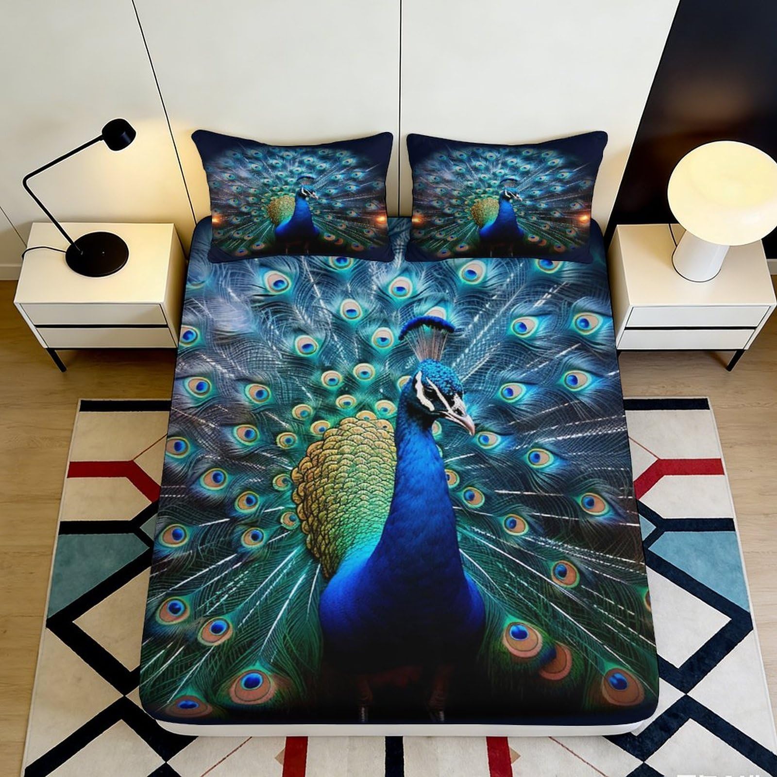 Uxinyoume Style-3 3D Printed Peacock Feather Fitted Sheet Microfiber Soft Luxury Blue Green Bird Mattress Cover Bedroom Guest Room Decor 90X200x25cm