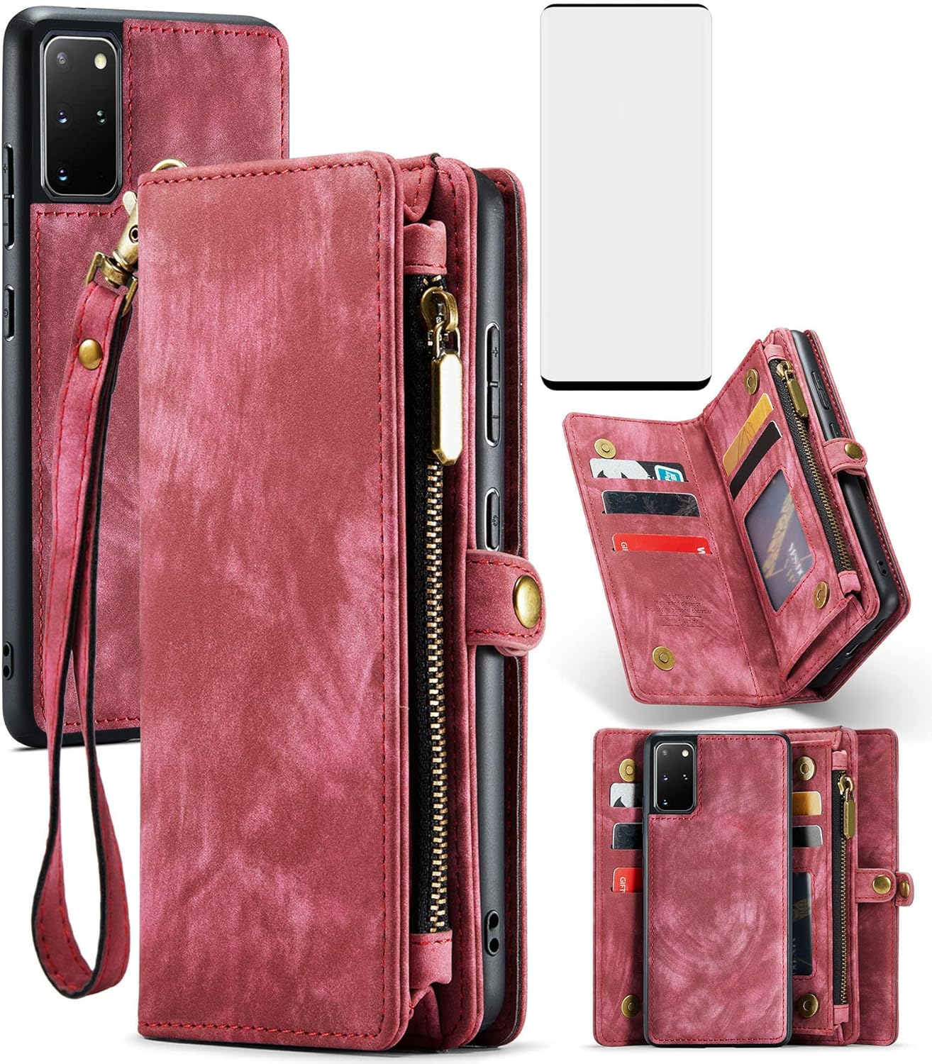 Asuwish Funda para teléfono Samsung Galaxy S20 Plus Glaxay S20+ 5G con cremallera, protector de pantalla de vidrio templado y tarjetero con tapa