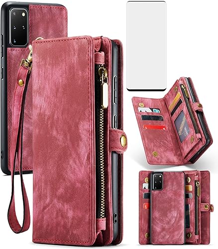 Asuwish Funda para teléfono Samsung Galaxy S20 Plus Glaxay S20+ 5G con cremallera, protector de pantalla de vidrio templado y tarjetero con tapa