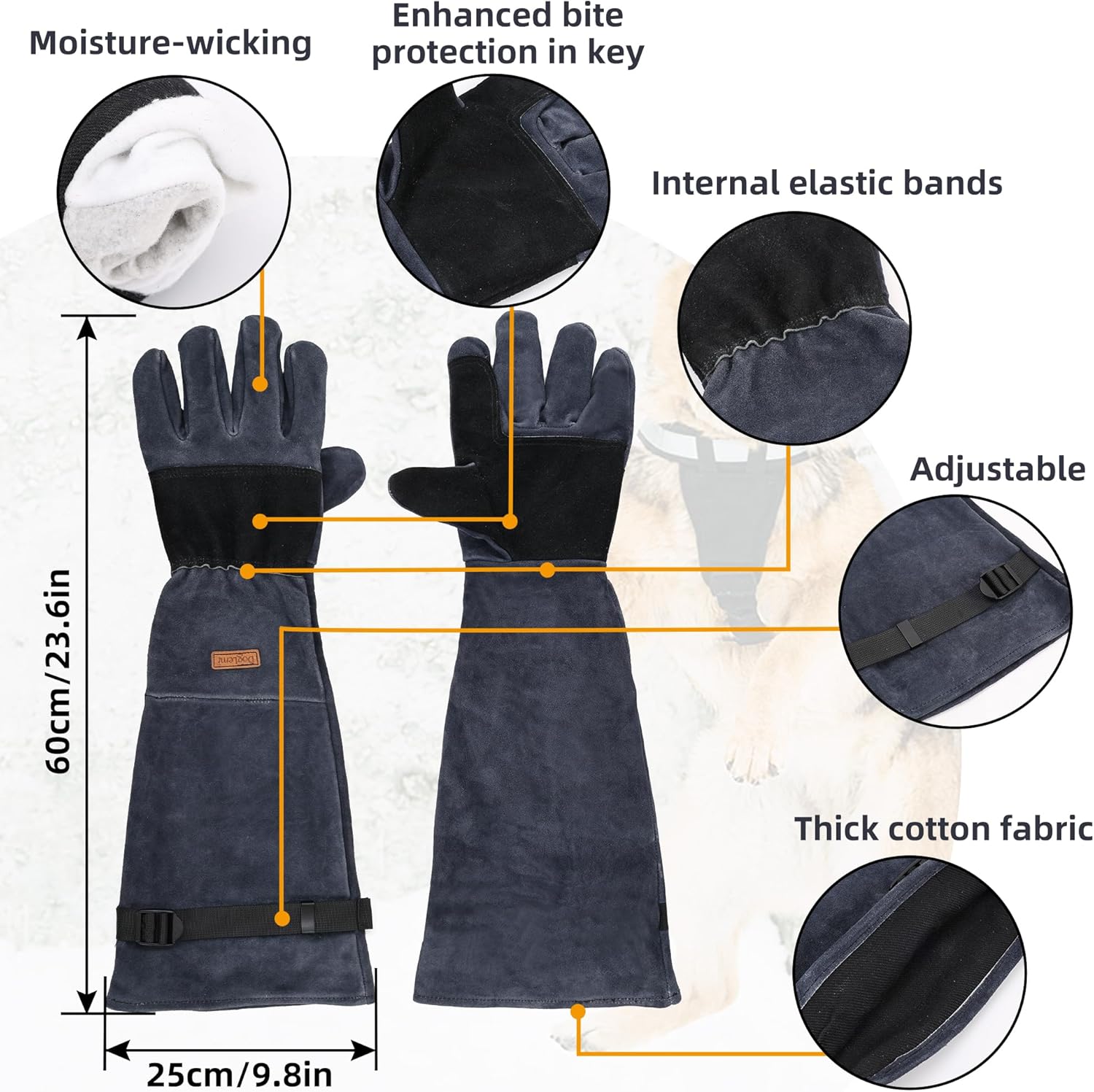 Animal Handling Gloves Bite Proof,23.6inch(60cm) Thickened Leather Bite-Resistant Protective Gloves for Cat Dog Bird Falcon Livestock Snake,Pet Reptile Care Gear