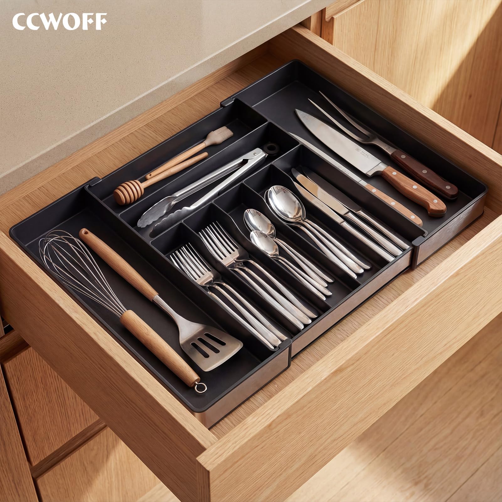 Organizzatore di argento extra grande, Organizzatore di cassetto da cucina espandibile a 9 slot, Portautensili nero