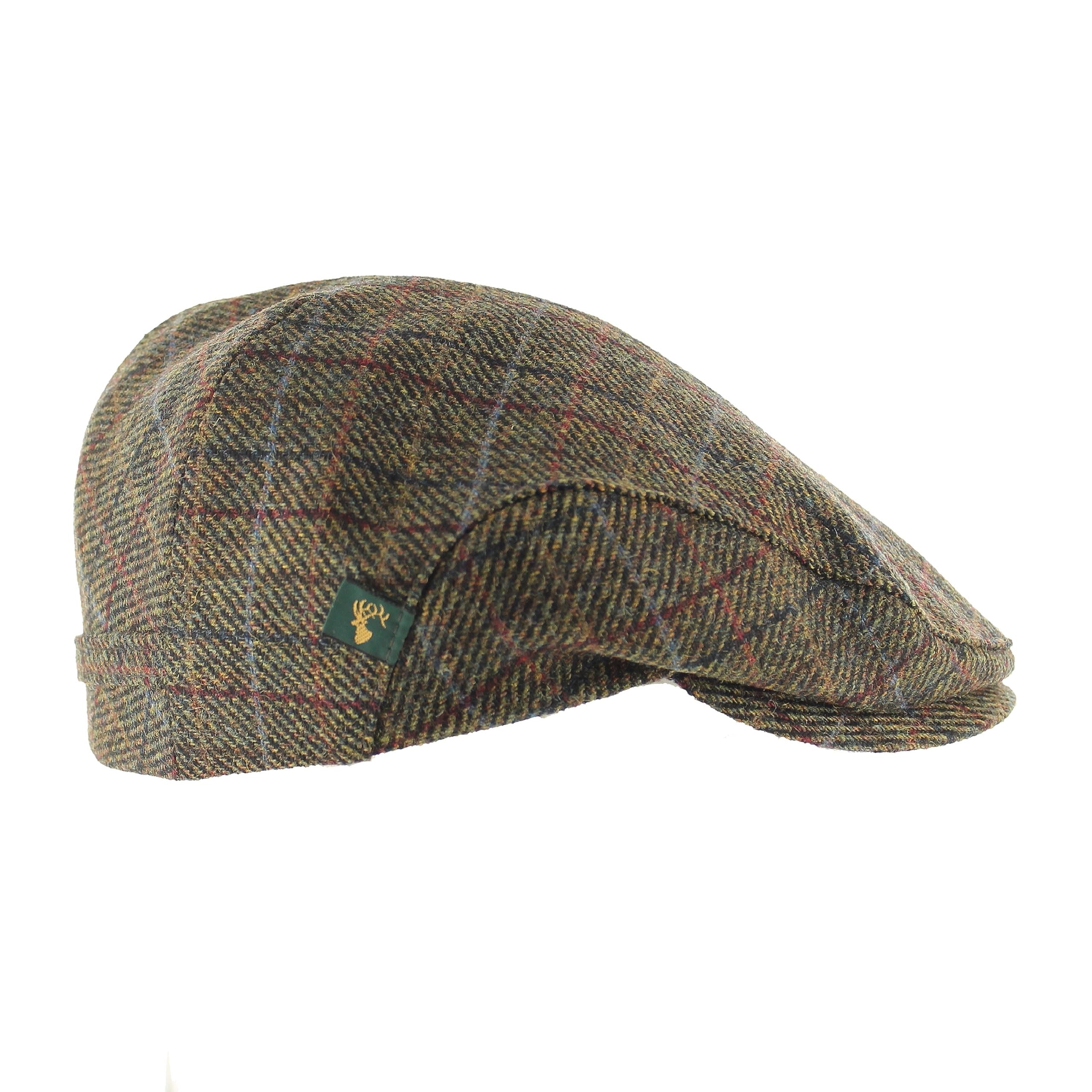 Mucros Weavers Men's Irish Trinity Flat Cap Driving Cap Made in Ireland (Col 841 Plaid Hunter Brown, Medium)