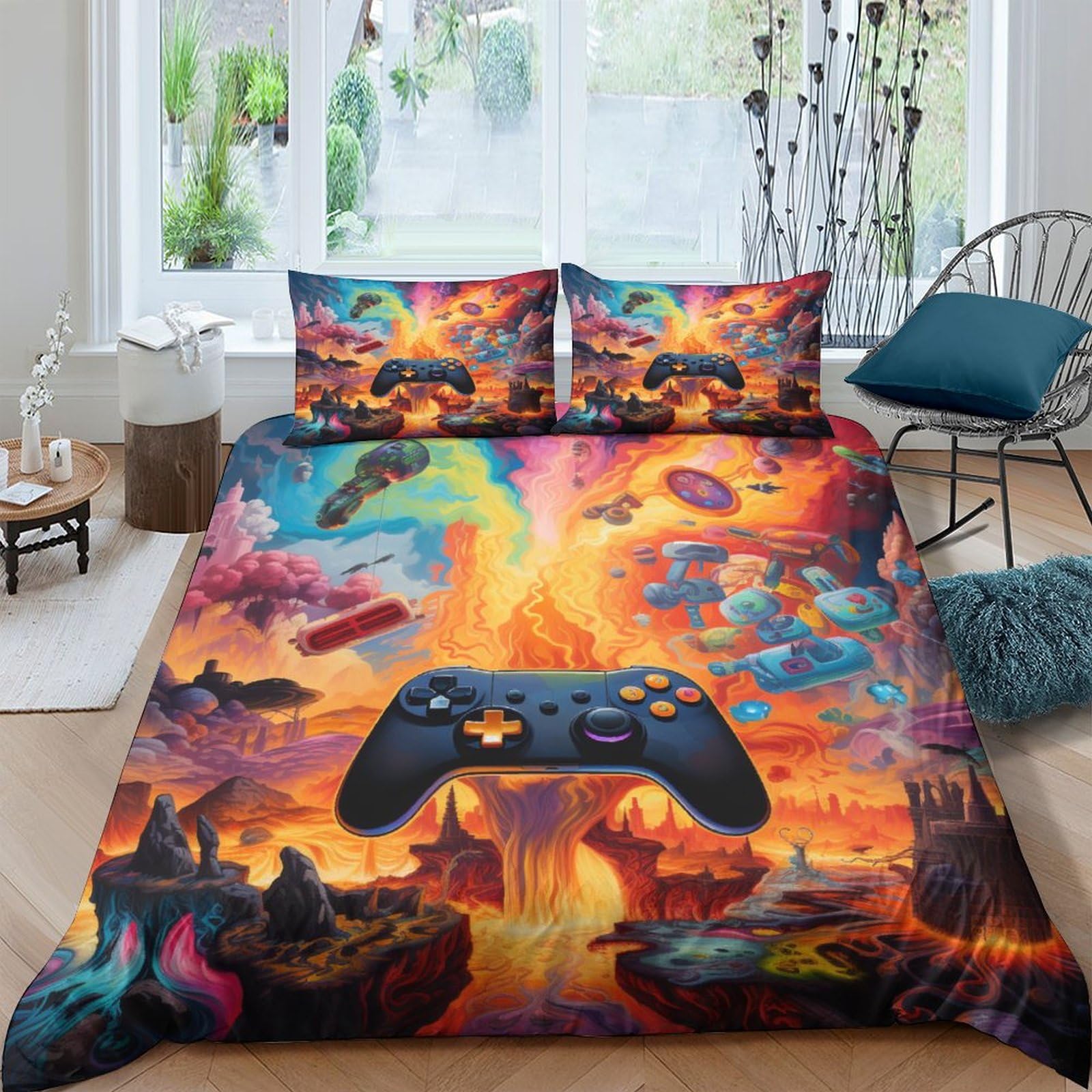 Housse de couette volcan style apocalyptique parure lit King sans repassage microfibre