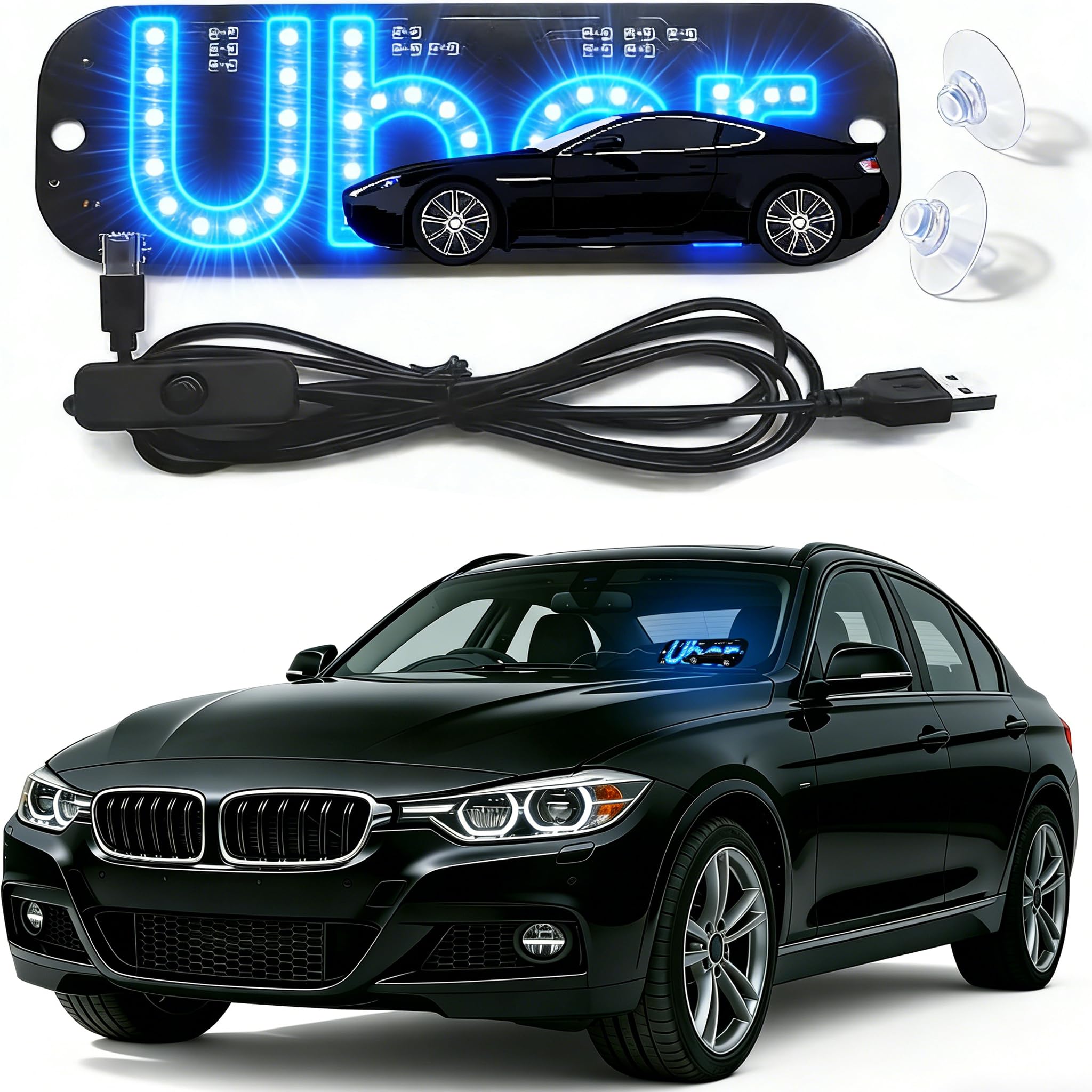 Blue LED Light Sign for Car, Taxi Windshield Light Sign, USB Plug Car Interior Lights Taxi Indicator Lights USB Cable Taxi Sign Light Windshield Car LED, Decal with Suction Cups Flashing Hook