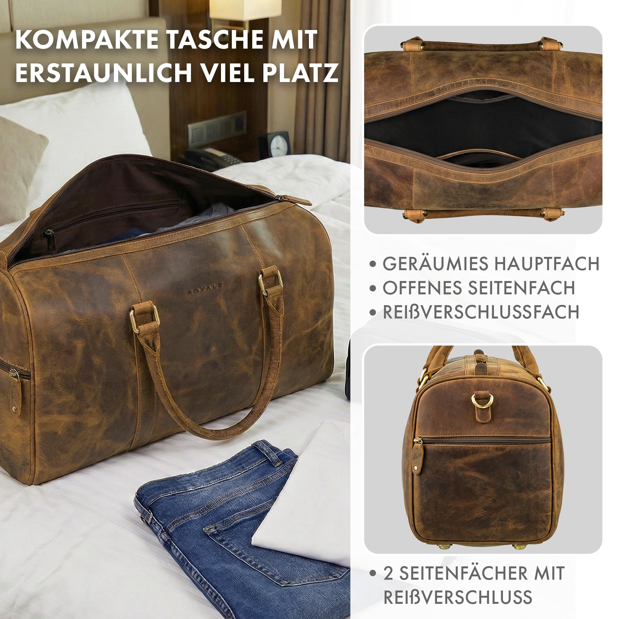 ROYALZ Palermo Echtleder Weekender Herren Leder klein zum Umhängen - Kleine Reisetasche Handgepäck Größe für Kurztrips Business Reisen und Premium Sporttasche;Farbe:Nevada braun