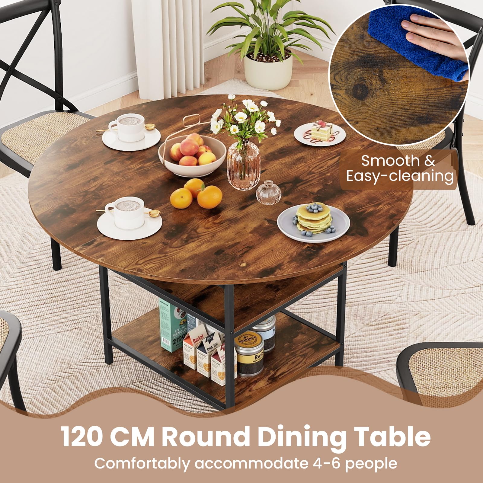 LIFEZEAL Tavolo da pranzo rotondo moderno, 120 cm, tavolo da cucina con ripiano portaoggetti a 2 livelli per 4-6 persone, robusto telaio in metallo per casa, soggiorno e ristorante (caffè)