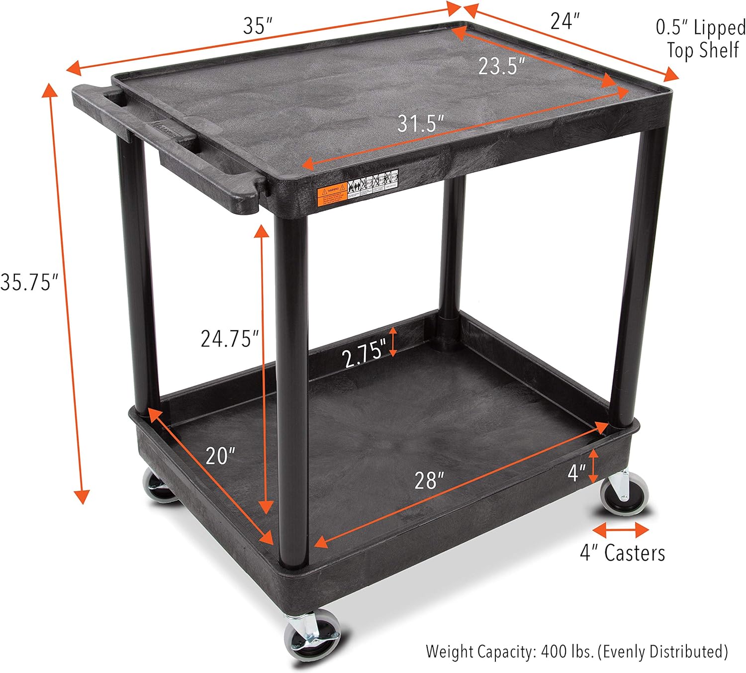 Original Tubstr Hybrid | Large Flat Top Utility Cart | Heavy Duty Service Cart Holds Up to 400 lb. | Lipped Top Shelf & Deep Tub Bottom Shelf | Ideal for Warehouse, Cleaning & More (32in x 24in) : Office Products
