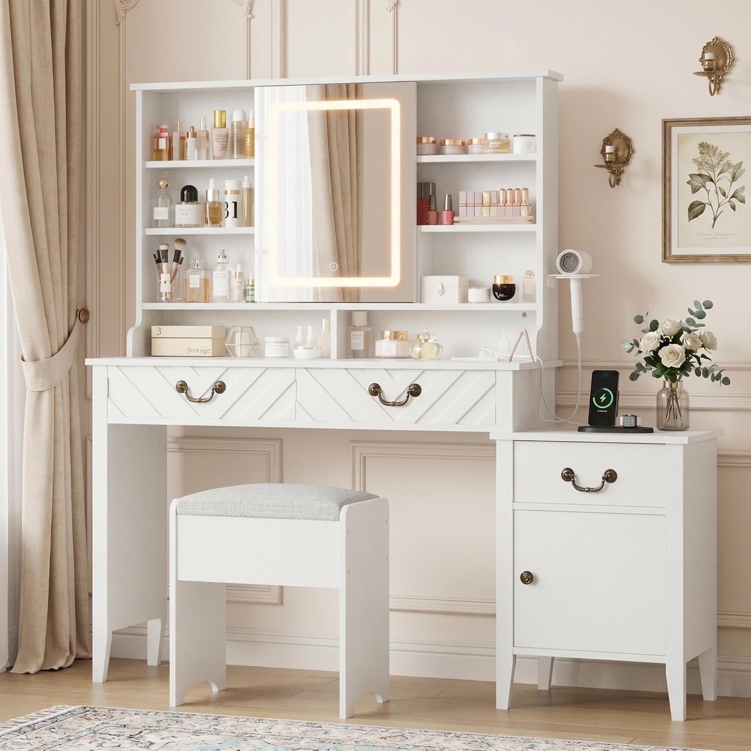 GarveeHome Vanity Desk with Sliding Mirror and Lights, White Makeup Vanity with Stool, Retractable Dressing Table with Outlet, Hair Dryer Rack, Drawers & Storage Cabinet