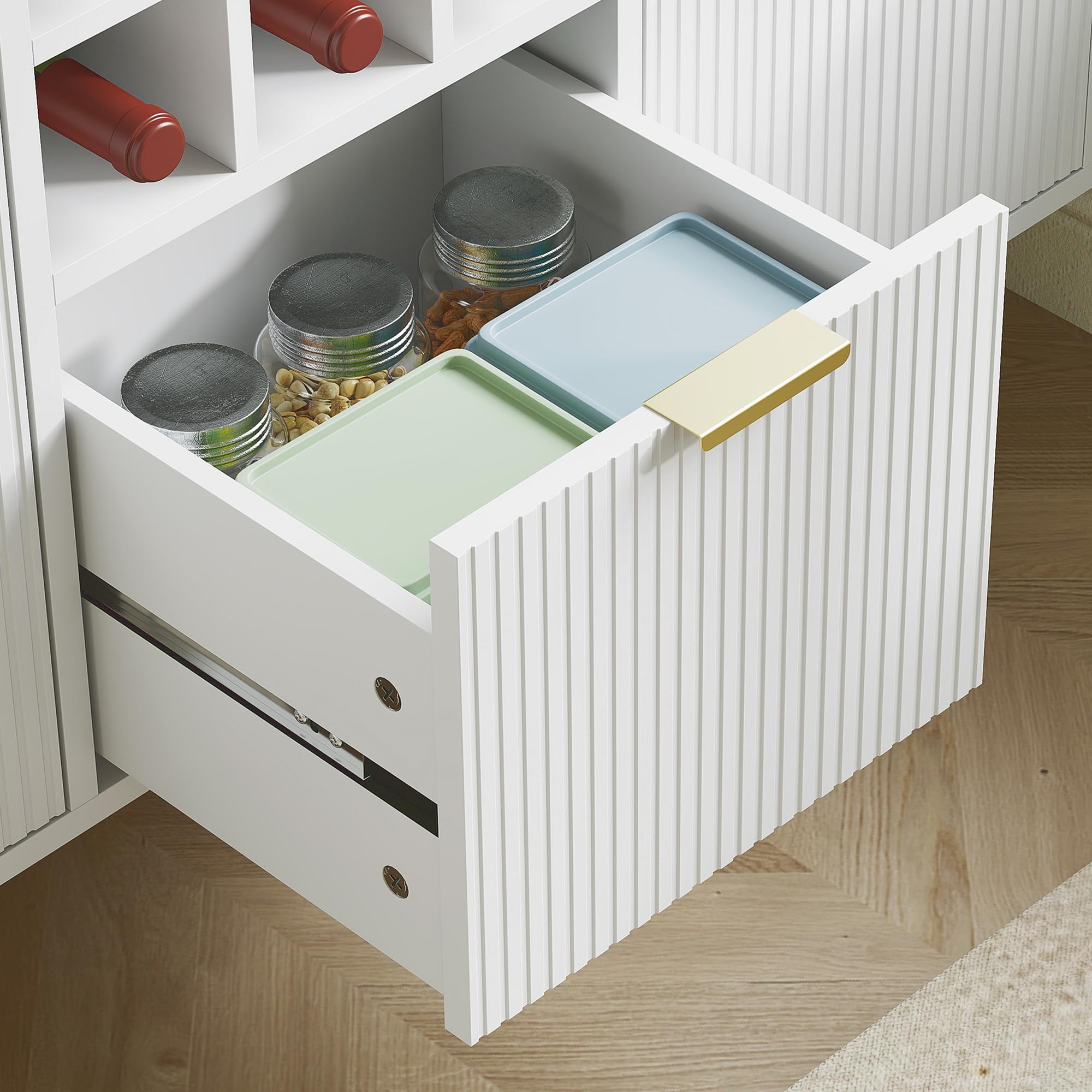 HOMCOM Alacena de Cocina Alto 3 Puertas de Vidrio 100x40x180 cm Blanco | Mueble Auxiliar de Cocina, Aparador, Botellero, Cajón, Estantes Ajustables, Compartimentos Abiertos