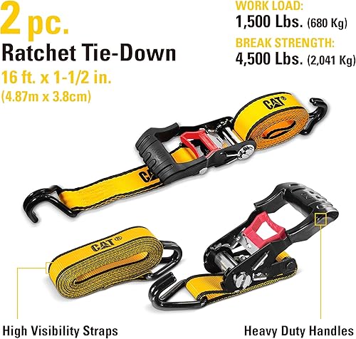 Miniatura 2 de Cat Juego de amarre de trinquete de 2 piezas de 1-12 pulgadas x 16 pies con bucles suaves, carga de trabajo de 1,500 libras  4,500 libras de