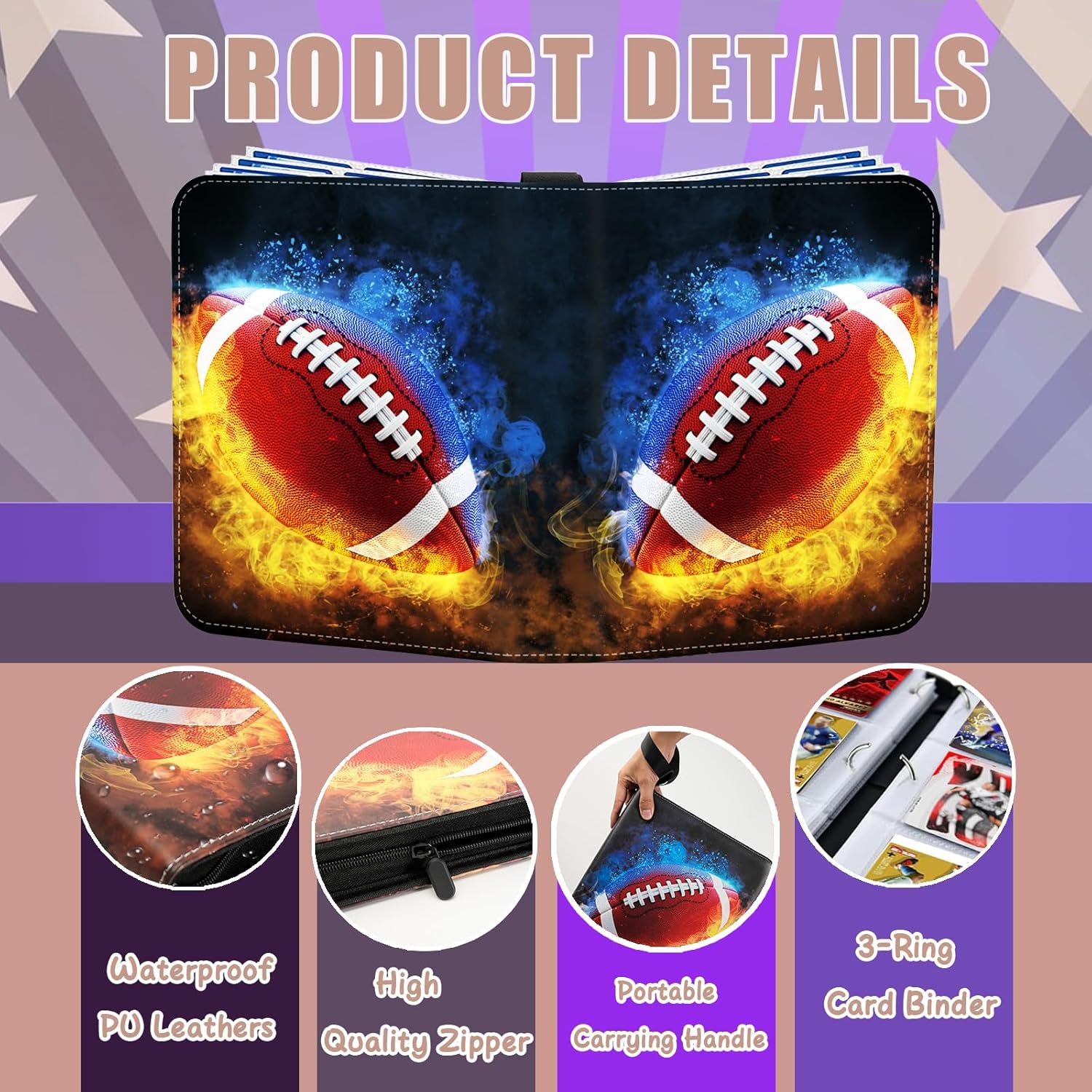 9 Pokect Trading Card Binder, 2025 Football Card Binder Album with 50 Binder Sleeves fit 900 Sport Cards, Card Storage Book Compatible with TCG/MTG and Sports Card