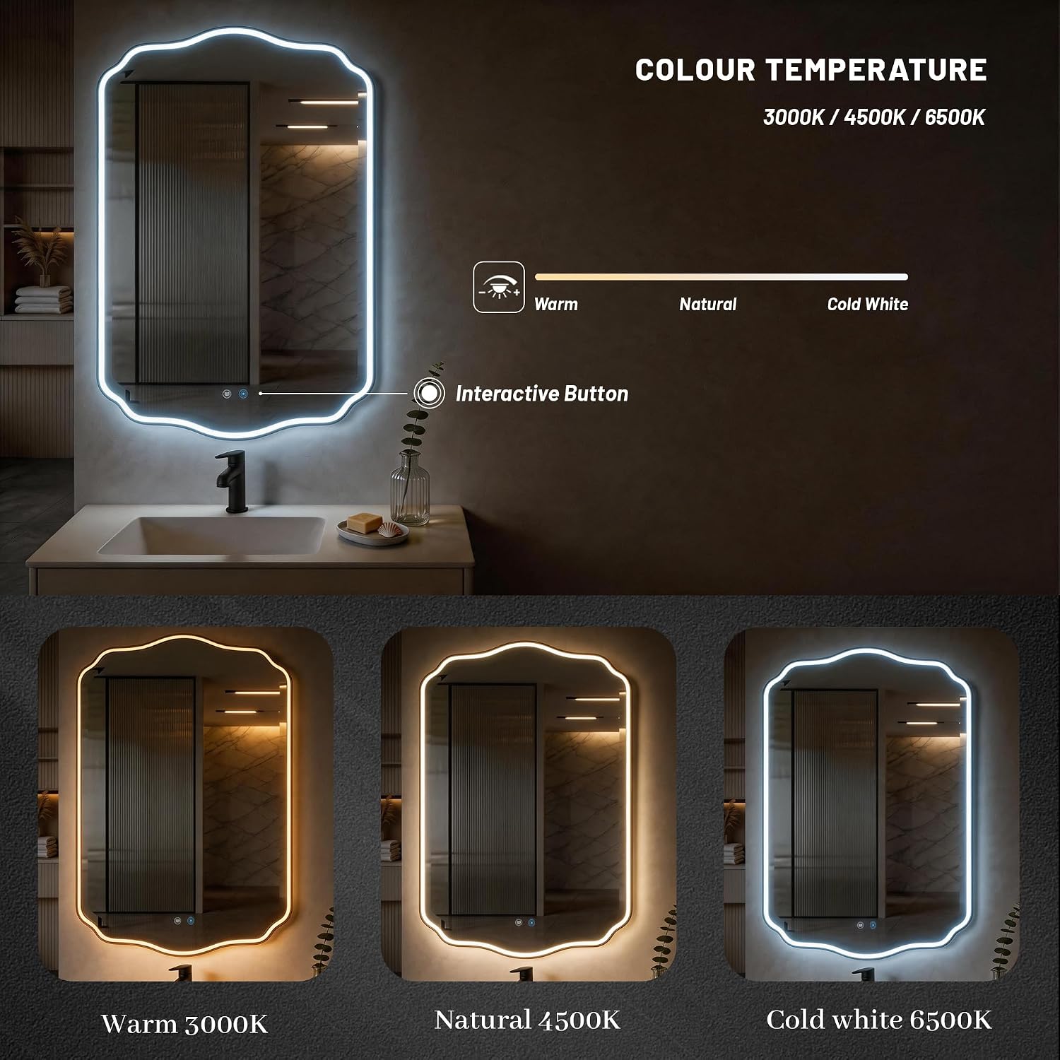 POZINO 30"x22" Scalloped LED Bathroom Beveled Mirror with Lights, Anti-Fog