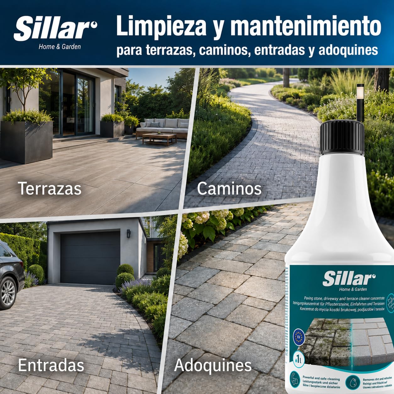 Sillar Limpiador de Piedra Concentrado 4 x 1 l para Pavimentos Exteriores, Adoquines y Terrazas, contra Aceite, Musgo, Verdín y Suciedad, Diluible, para Pulverizador, Cepillo, Hidrolimpiadora