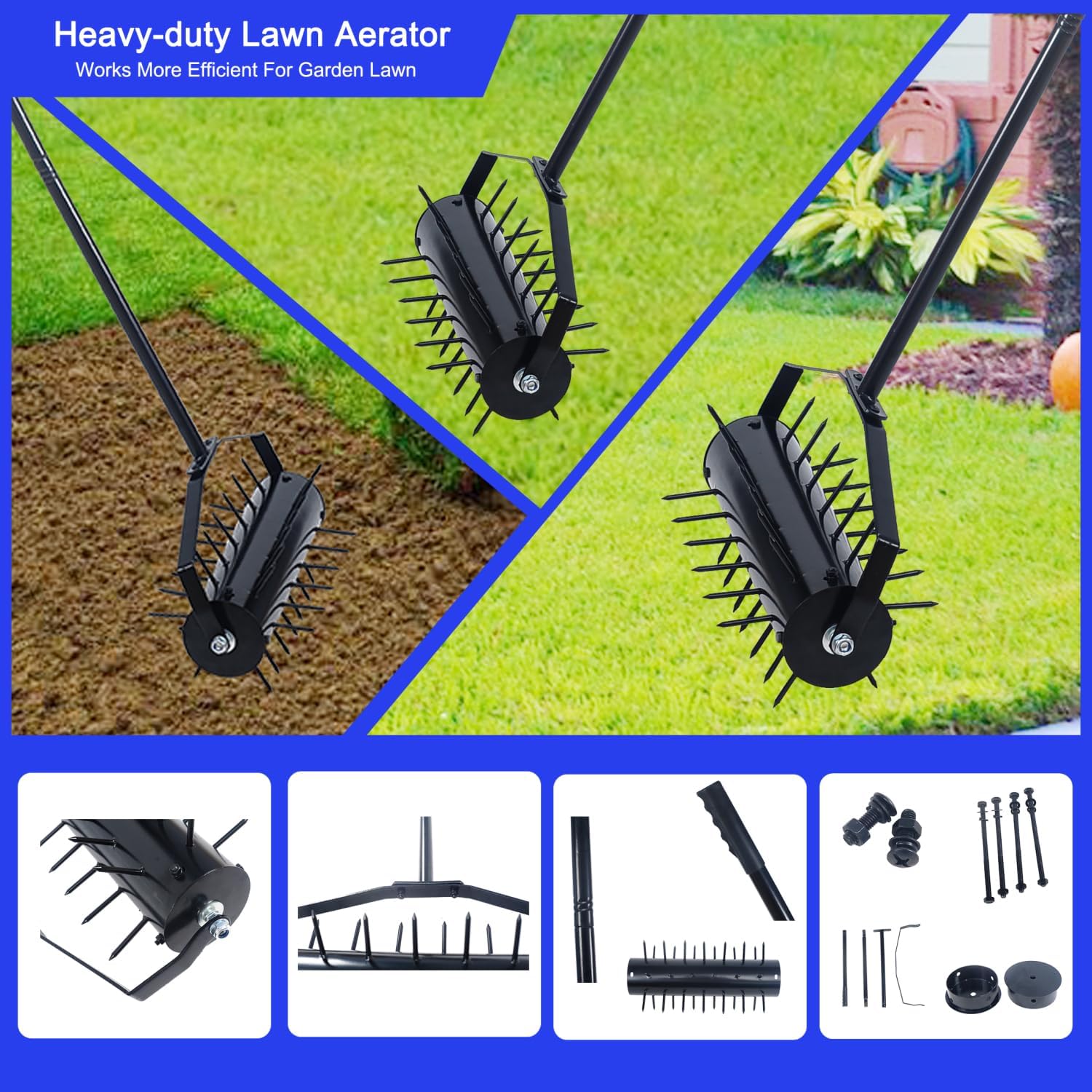 Rolling Manual Lawn Aerator Iron Black Promoting Health for Lawns Yards Gardens Spring Gardening