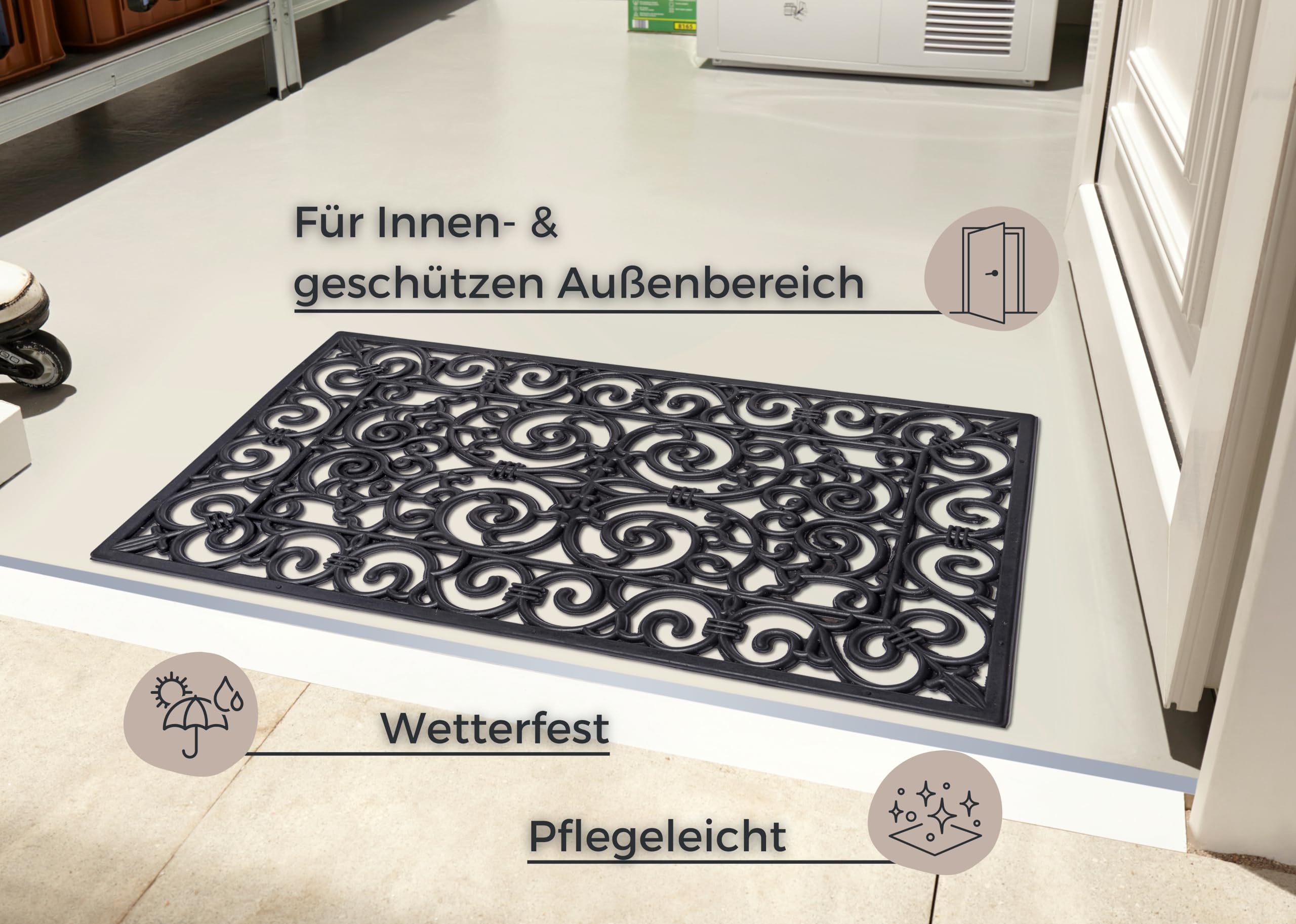 Hanse Home Gumowa wycieraczka do użytku wewnątrz i na zewnątrz, 45 x 75 cm – mata gumowa do użytku na zewnątrz, mata zatrzymująca brud, ornamenty, wygląd żeliwa, odporna na warunki atmosferyczne,