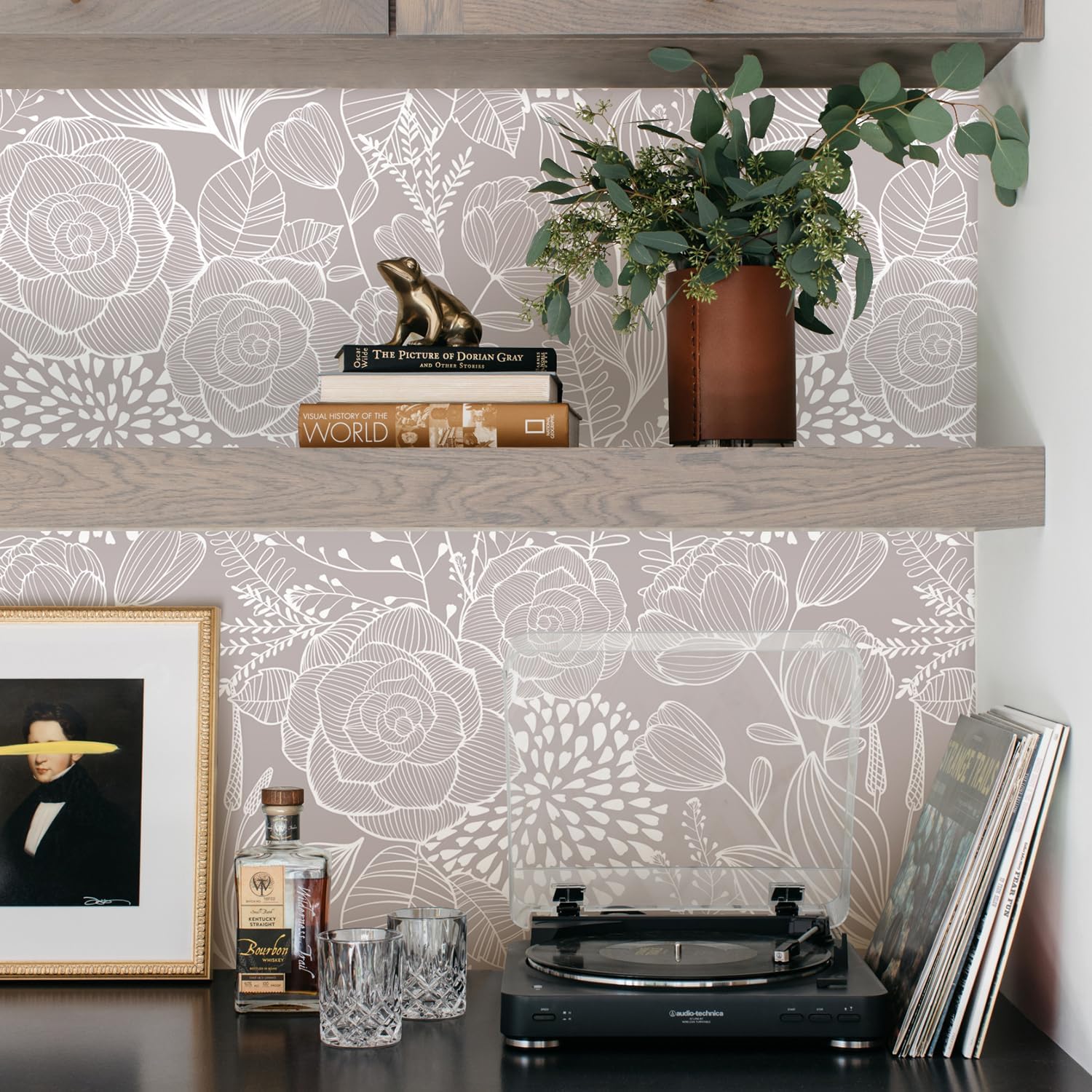 Wudnaye Grey and White Peel and Stick Wallpaper Floral Contact Paper 17" x 196.8" Boho Floral Self Adhesive Wallpaper for Bathroom Modern Neutral Removable Wall Paper for Cabinets Vinyl Decorative