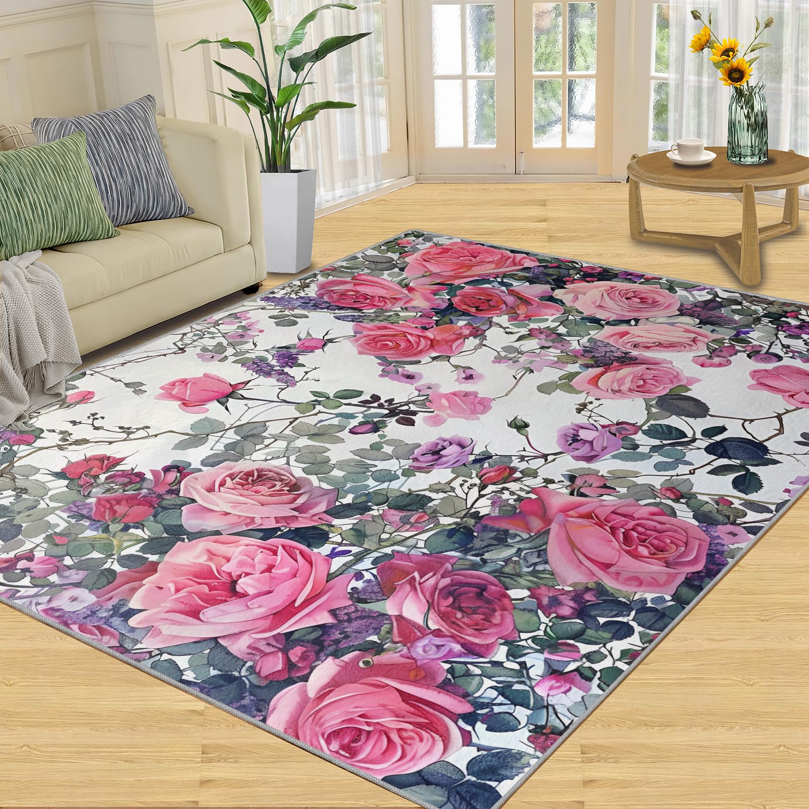 Blumen-Rosen-Teppiche für Mädchenzimmer, 120 x 170 cm, rutschfest, waschbar, Malerei, Frühlingsdesign, für Damen, weicher niedriger Flor, rosa Blumen, Teppich, Gartenstil