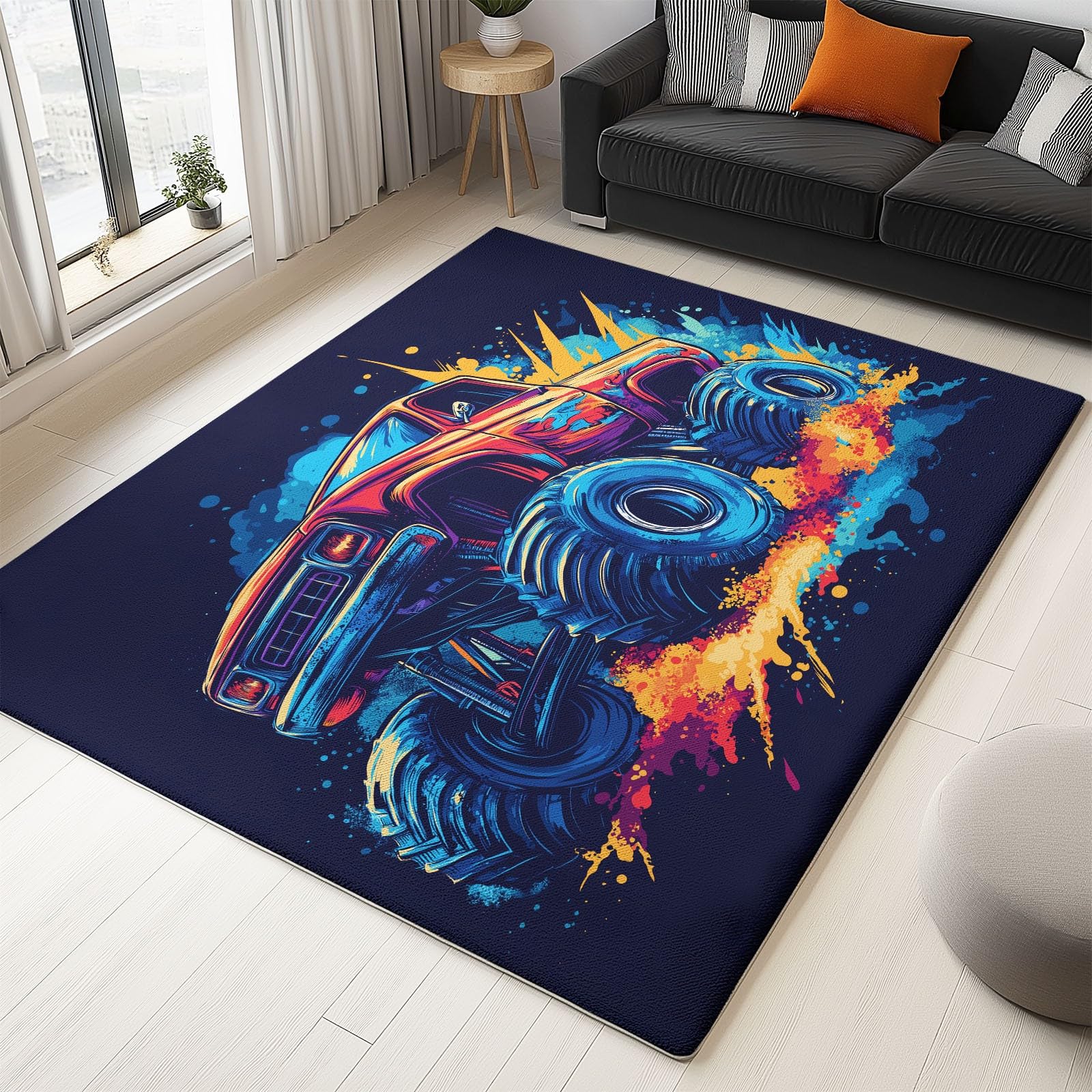 Dark Blue Area Rugs 5 x 8 ft Machine Living Room Washable Rugs Hand-Painted Monster Truck Low-Pile Soft Non-Slip Carpet, for Bedroom Dining Flannel