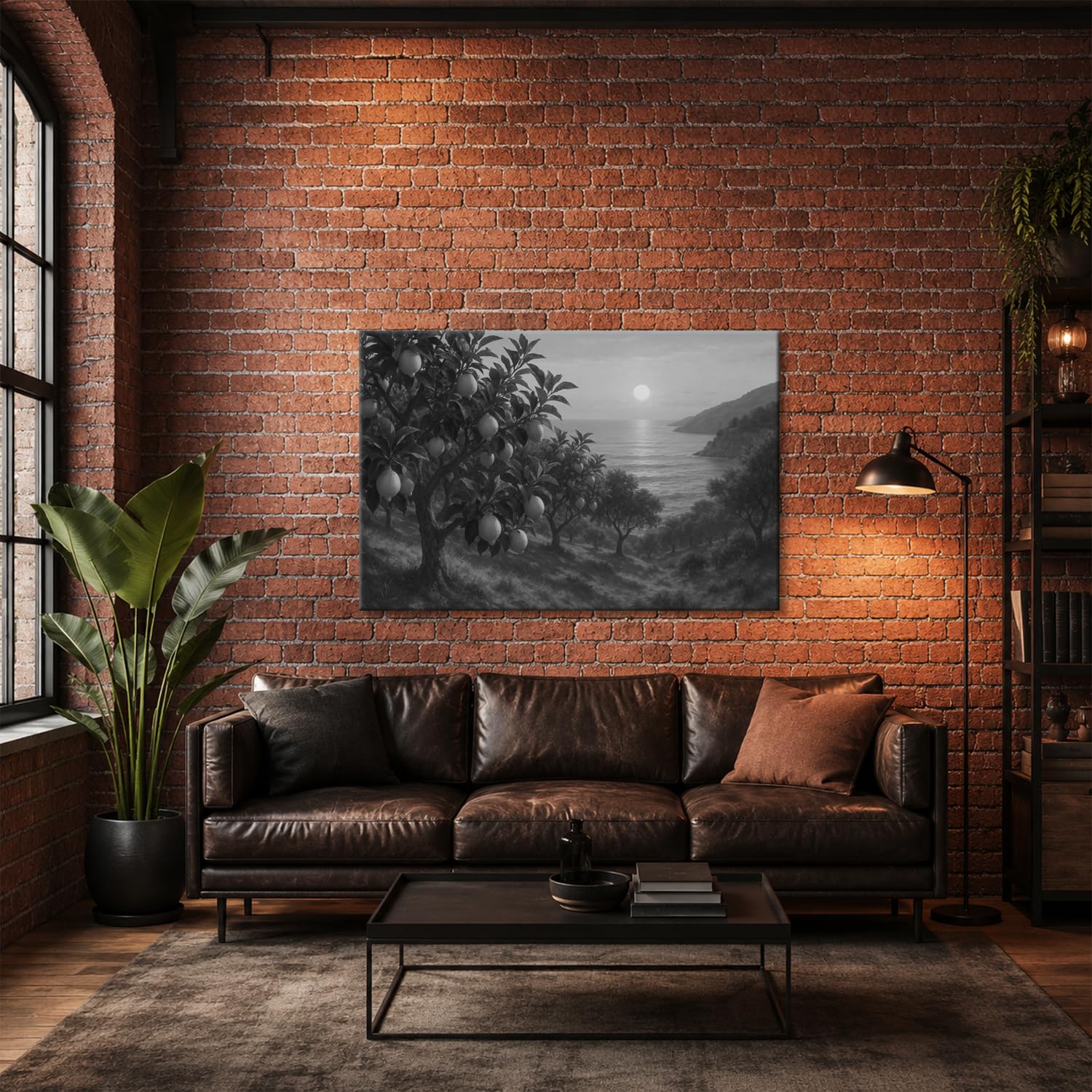 Leinwandbild Zitronenhain am Meer bei Sonnenuntergang 70x50cm Schwarz&Weiß