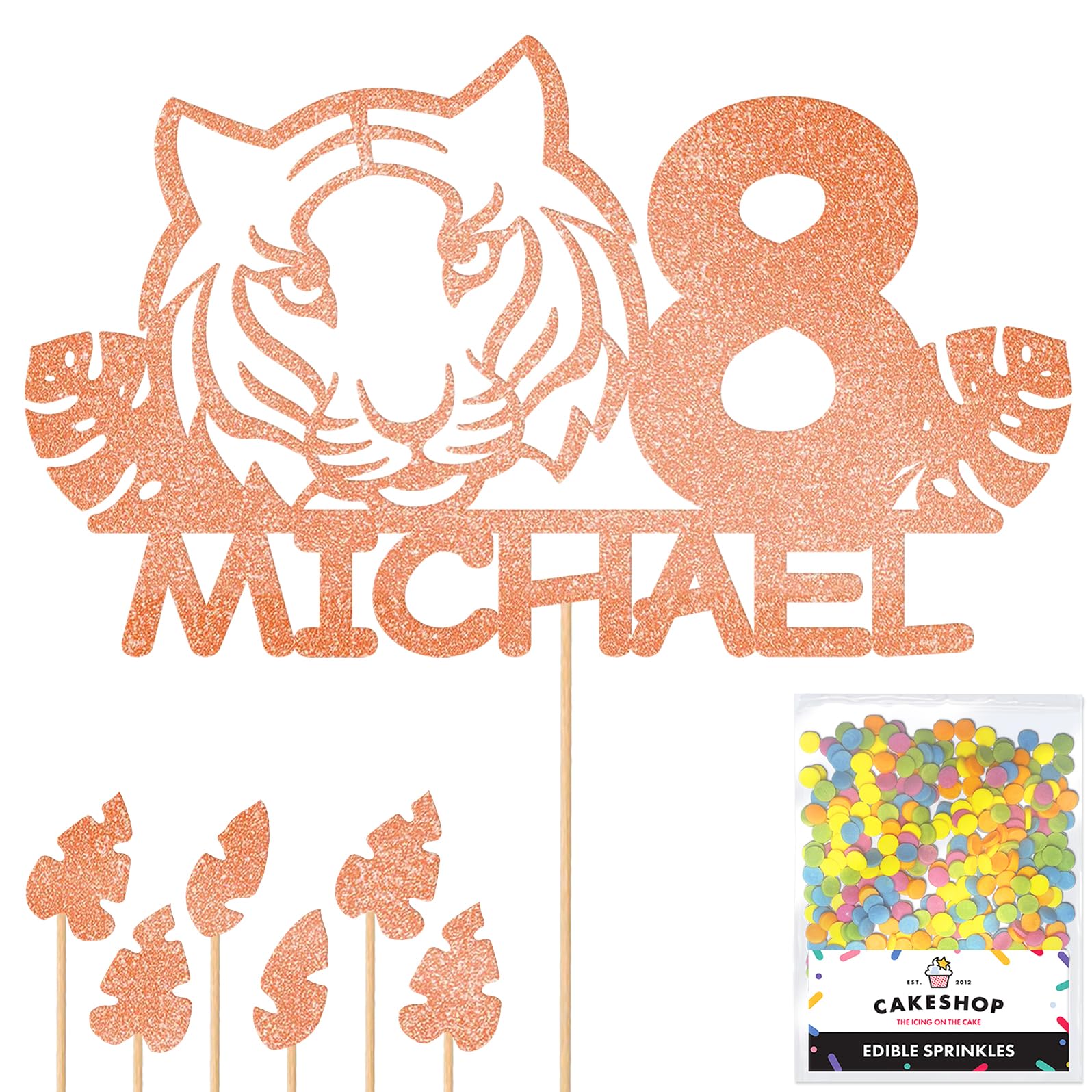 Personalised Birthday Jungle Tiger Glitter Cake Topper Rose Gold Any Custom Age & Name Glitter Cake Decoration and Sprinkles - Happy Birthday Decorations - Personalised Toppers for Cakes by Cakeshop