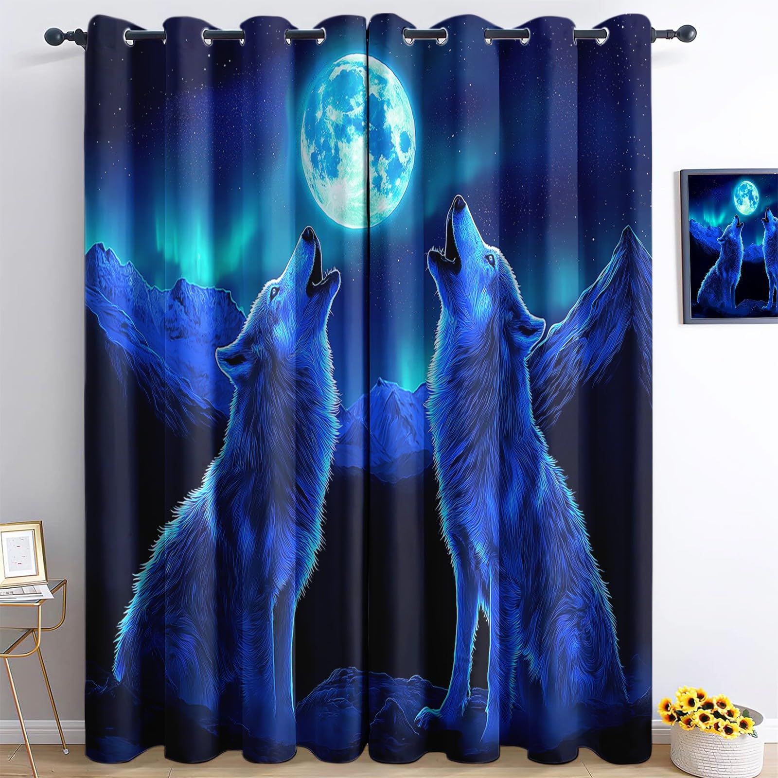 Tenda oscurante con motivo lupo e lupo, oscurante, con occhielli, per soggiorno e camera da letto, 220 x 215 cm