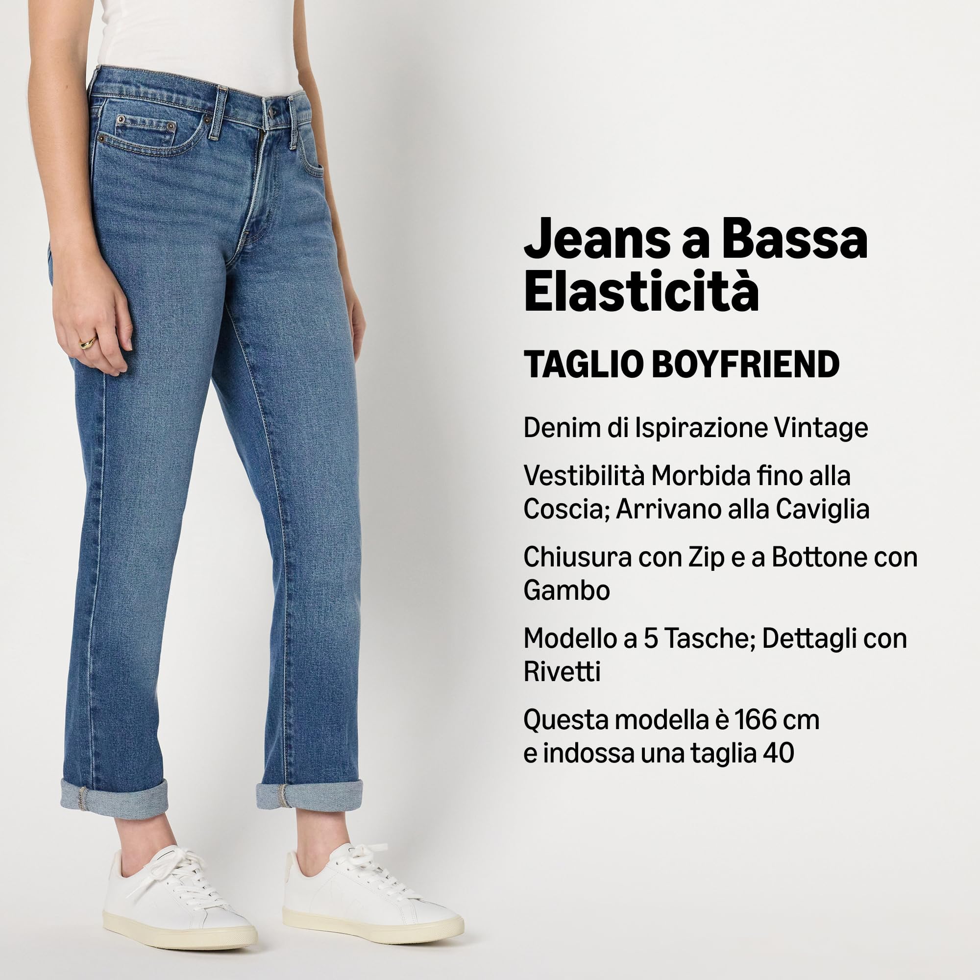 Amazon Essentials Donna Jeans Cropped Boyfriend a Vita Media, con Classico Risvolto, Leggermente Elasticizzati