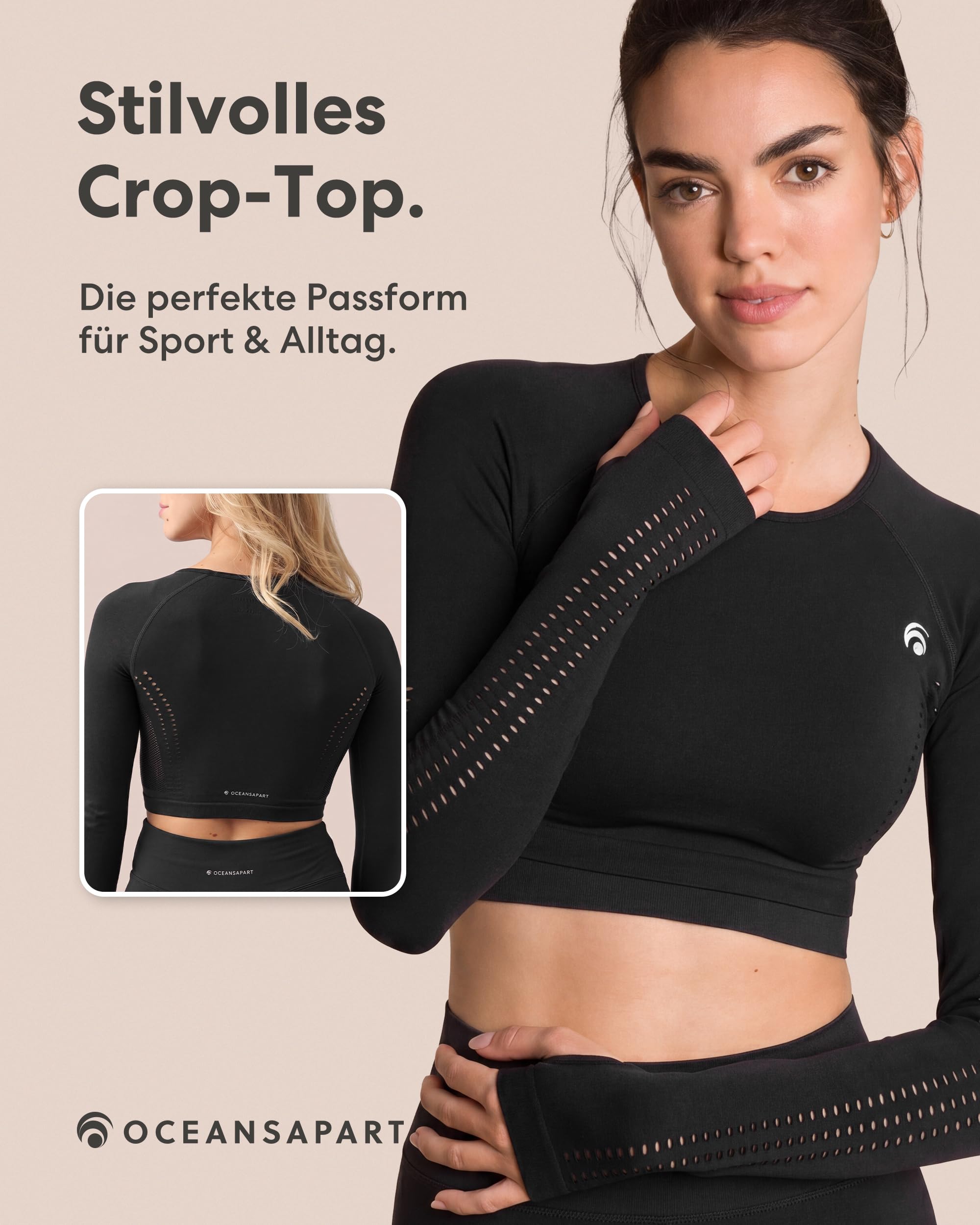 OCEANSAPART Beauty Longsleeve - Damen Langarm Crop Top Sport | Daumenlöcher & Mesh-Details – Nahtlos & Schnelltrocknend – Activewear für Yoga, Pilates & Gym