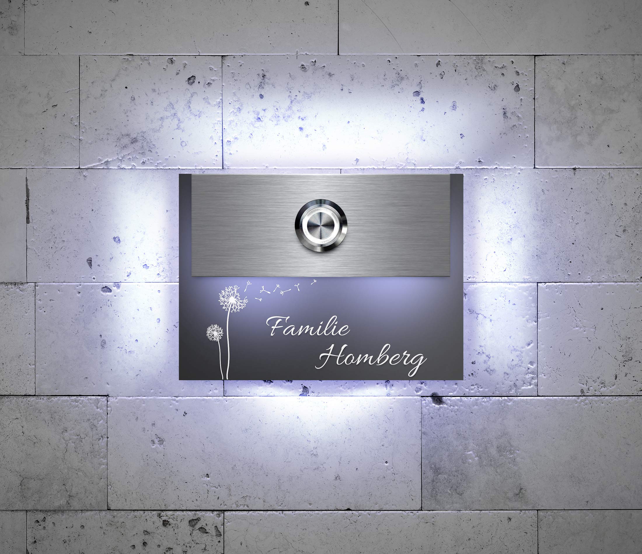 Designer Türklingel mit Gravur beleuchtetem Namensschild LED-Klingelknopf und über 100 Motive | Modell: Homberg-L | 11x8 cm Klingel-Taster Klingelschild Klingelplatte beschriftet | Beleuchtung