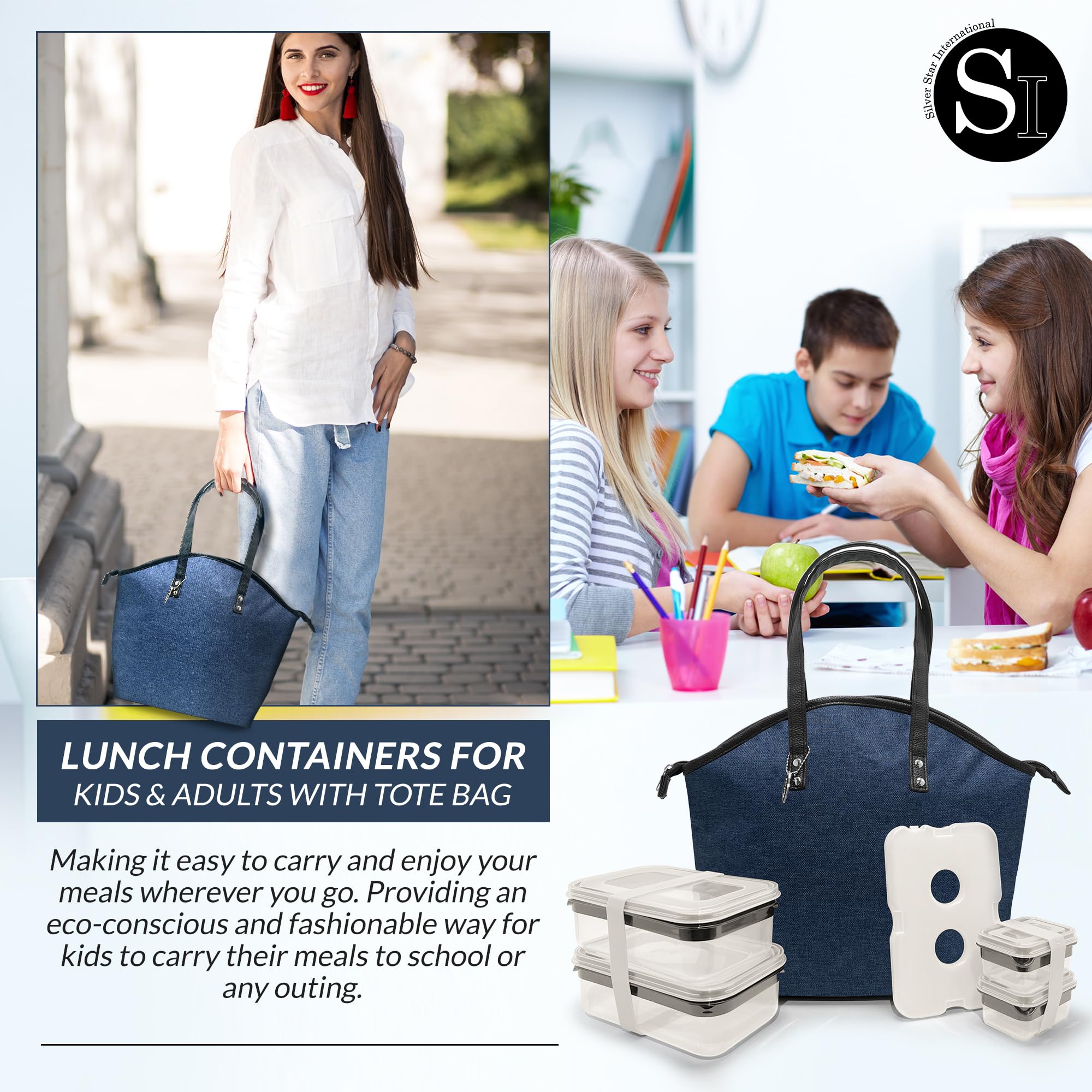 SILVER ONE 12 Pcs Insulated Lunch Box With Heather Navy Lunch Bag