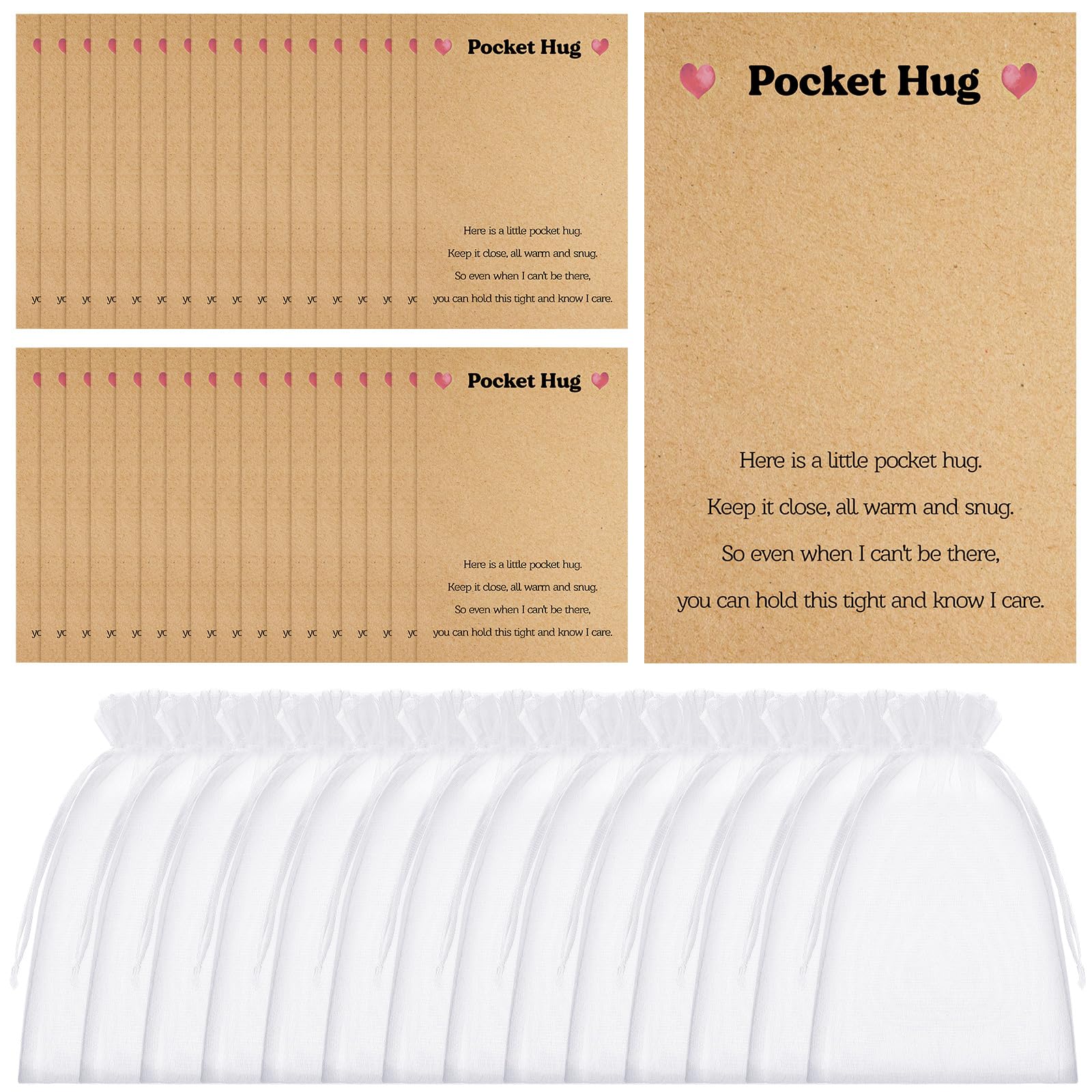 Zeyune 100 Pcs Pocket Hug Cards Bulk Pocket Hug Token with Organza Bags Little Heart Pocket Hug Greeting Cards Thinking of You Love Gift Keepsake for Family Friends Anniversary (Kraft)