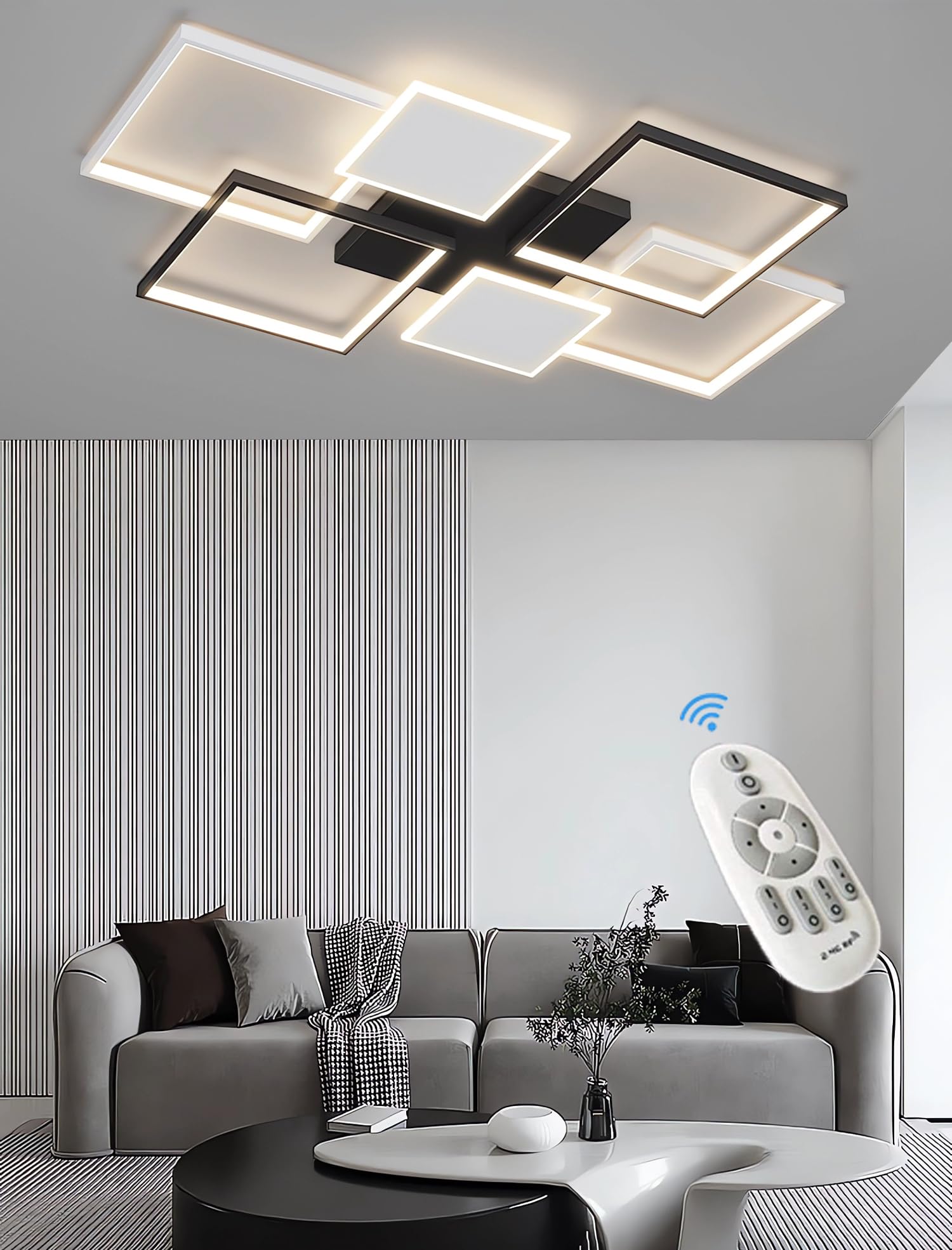 Czarna prostokątna lampa sufitowa LED 110W zregulacją i pilotem Metalowa lampa sufitowa do oświetlenia wnętrz Półwpuszczana lampa sufitowa Odpowiednia do salonów,sypialni innych (Czarny, Duży)