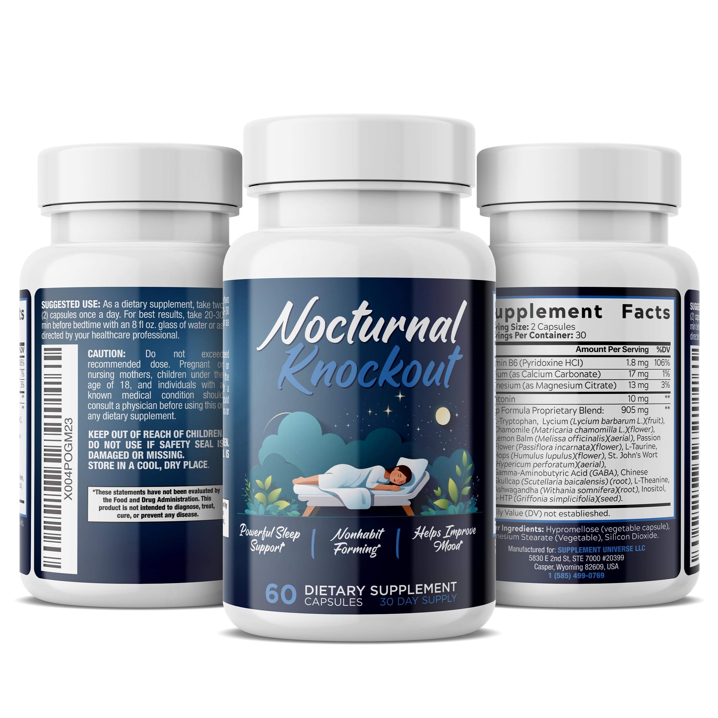 Nocturnal Knockout | 18 in 1 Powerful Sleep Aid for Adults | Non Habit Forming 3rd Party Tested Formula | Magnesium, Melatonin, 5-HTP, Taurine, GABA + 13 More | No Prescription Required - 60 Capsules