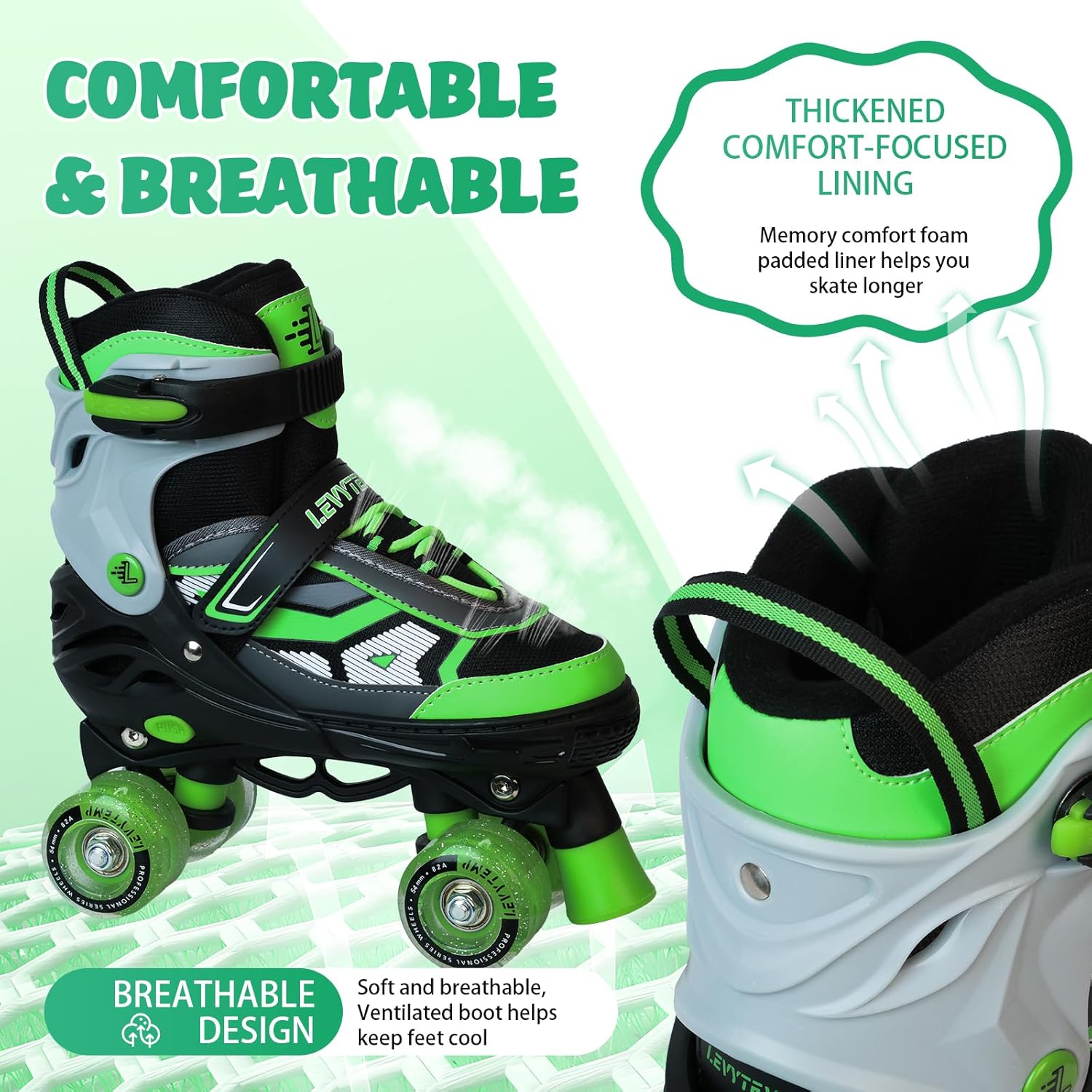 Roller Skates for Boys Girls Kids, 4 Size Adjustable Quad Skates with All Light Up Wheels for Beginners Indoor Outdoor Sports