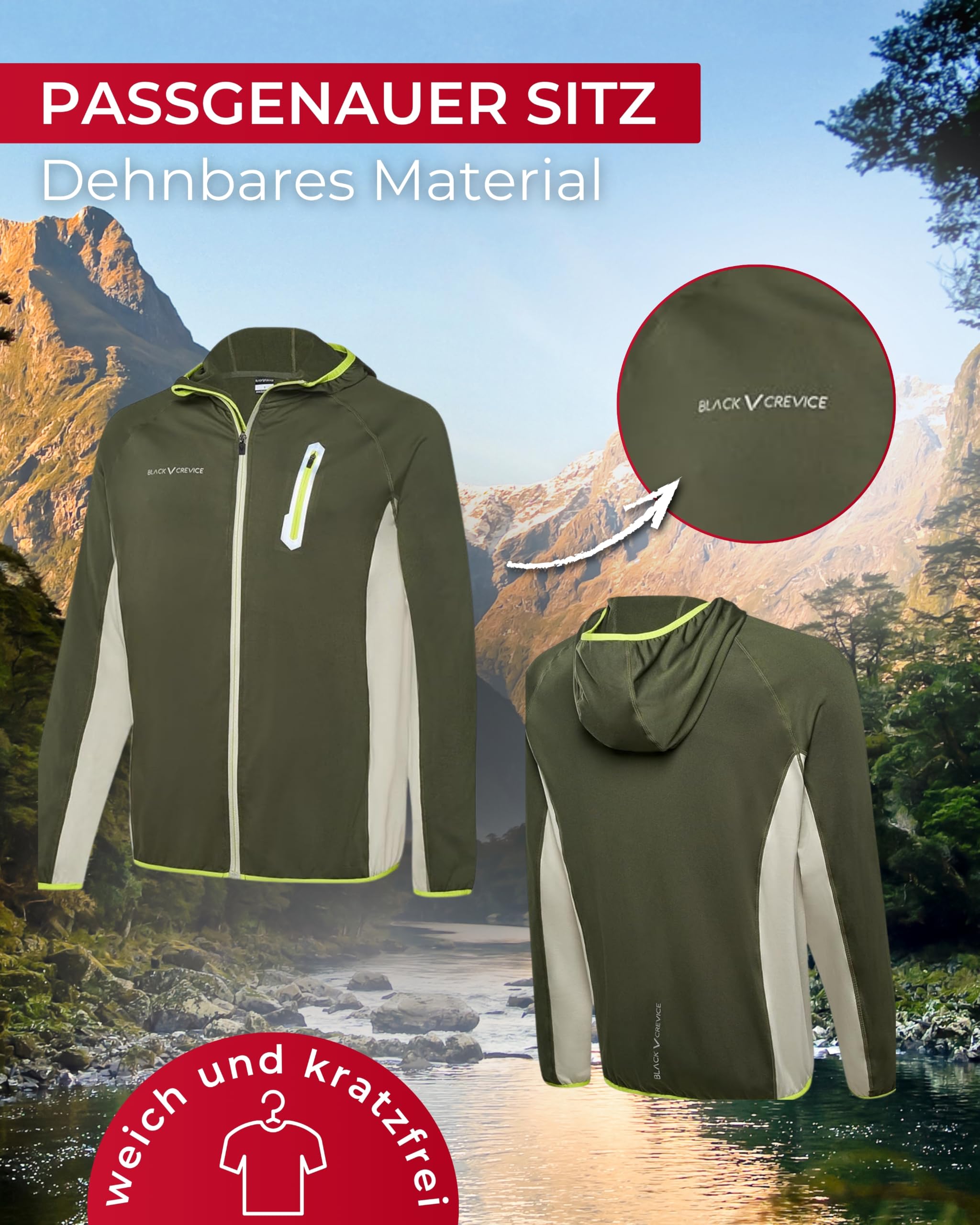 Black Crevice Herren Midlayer Microfleece Jacke I atmungsaktive & leichte Fleecejacke mit Kapuze & Brusttasche