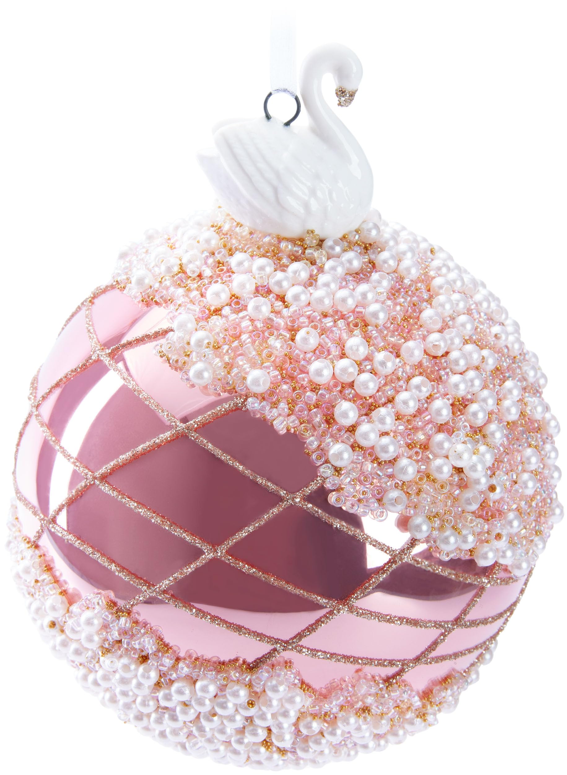 BRUBAKER Adorno de Navidad Premium Rosa con Figurita de Cisne - Adorno de Árbol de Vidrio Decorado a Mano - Adorno de Árbol de Navidad de 10 cm con Adornos Perlados y Purpurina