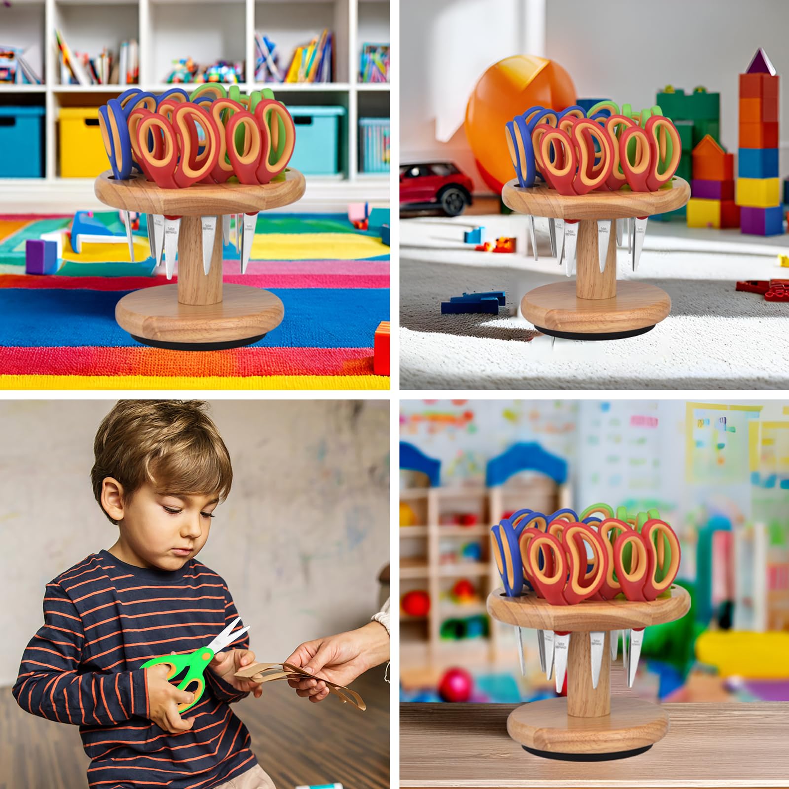 Tijeras para niños para estudiantes escolares (paquete de profesores de aula con soporte de madera) (12)