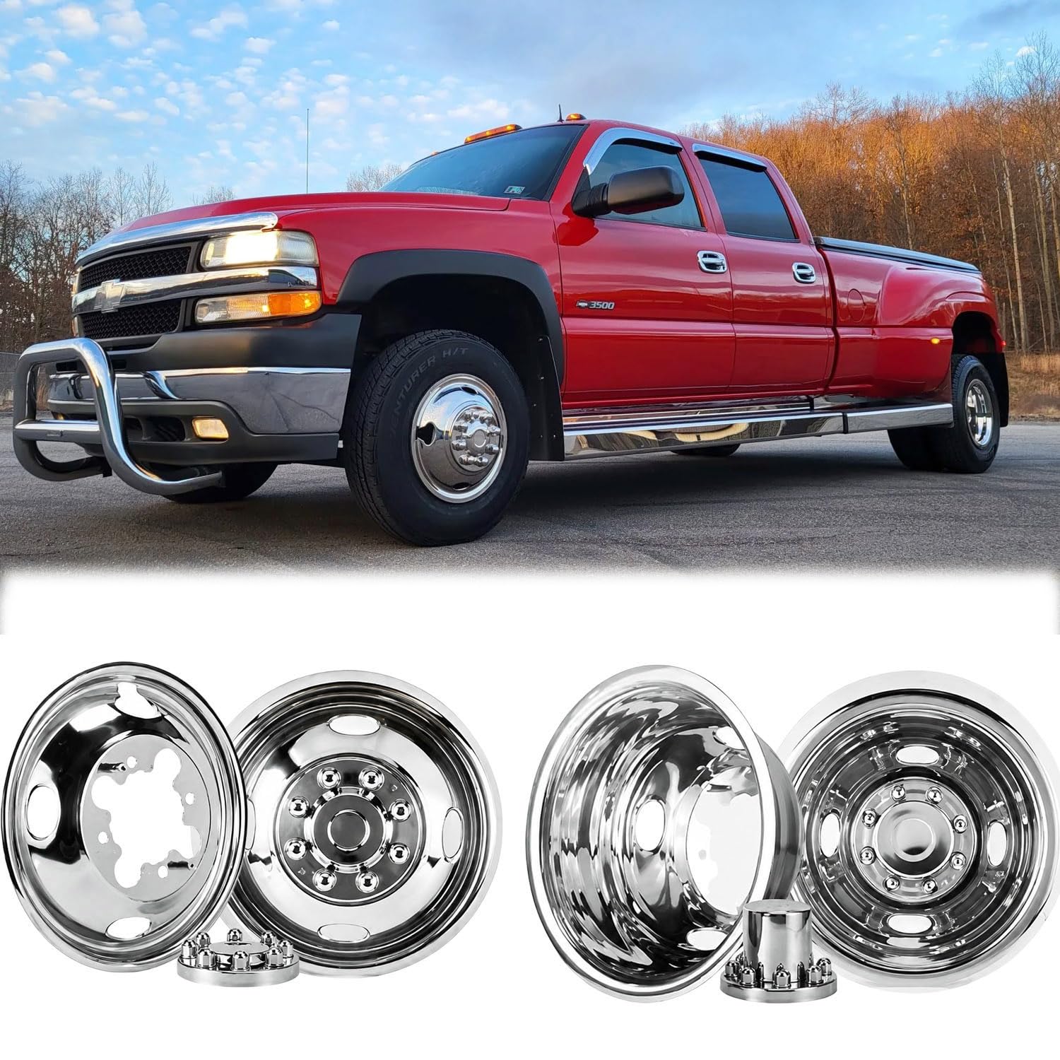 4pcs 16" Stainless Steel Polished Wheel Simulators,Front Rear 8 Lug Dually Hub Caps Skins Liners Rim Covers Compatible with 2001-2007 Chevy GMC 3500 Truck 2003-2021 G3500/G30 Van 608GV