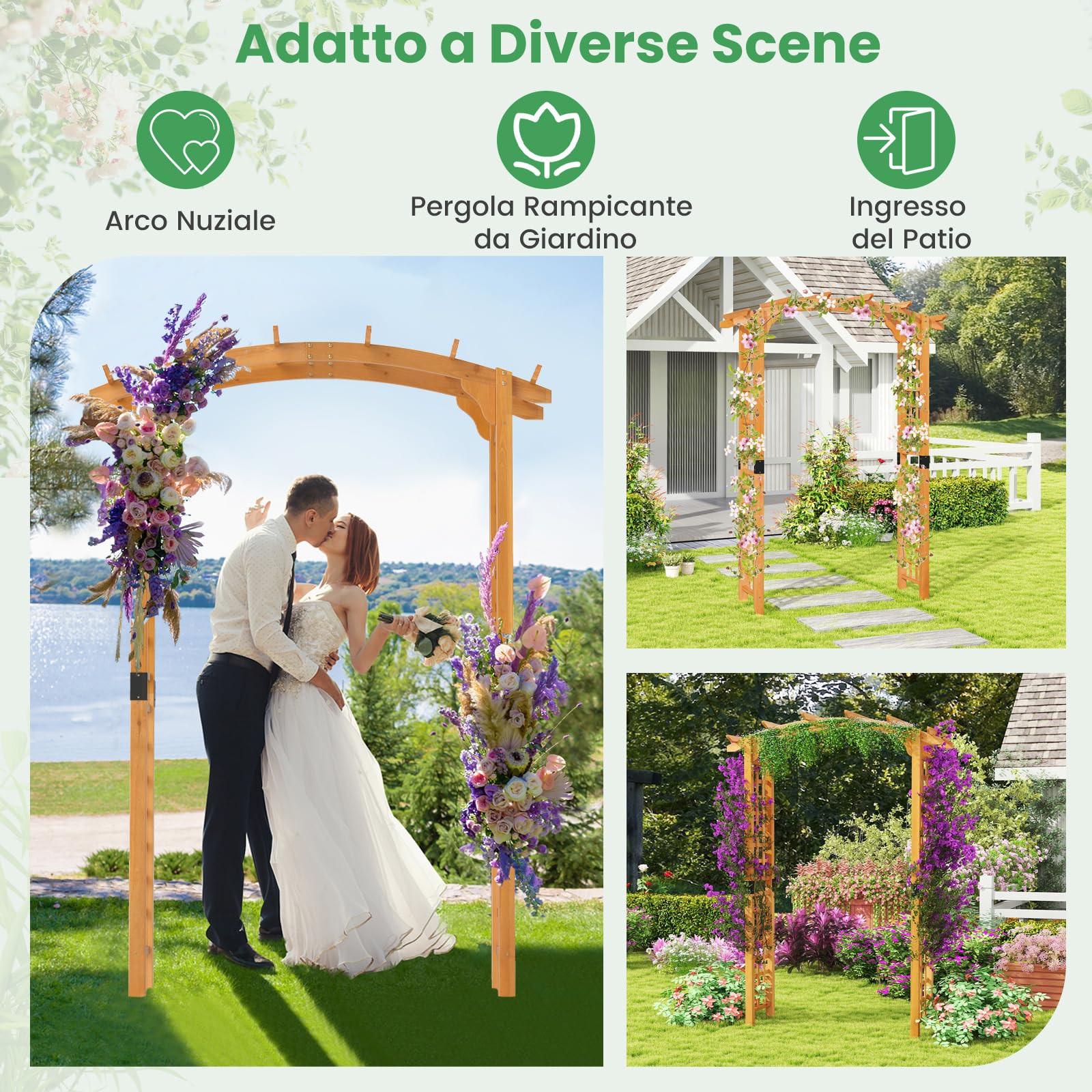 COSTWAY Arco da Giardino in Legno, Pergola da Esterno per Piante Rampicanti, Pergolato per Matrimonio e Feste, da Giardino, Patio e Cortile (Modello 2)