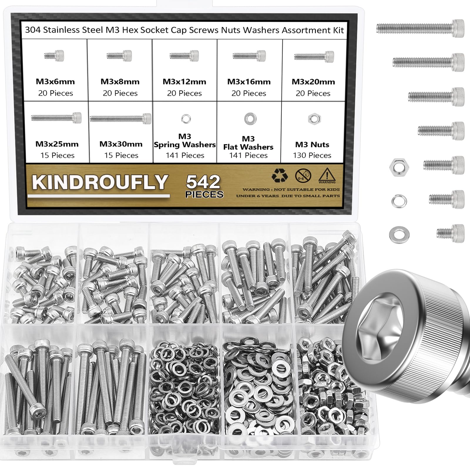 Kindroufly 542 Pieces M3 x 6/8 /12/16 /20/25 /30mm Hex Socket Head Cap Screws Nuts Washers Assortment Kit, 304 Stainless Steel, Fully Machine Thread