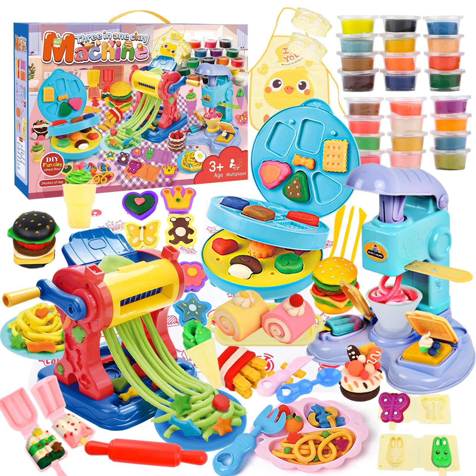 TOSUTO Juego de Plastilina Creativo - Máquina Pasta, Helados y Hamburguesas (24 Botes Plastilina) - Set de Herramientas para Modelado con 12 Botes de Plastilina - Regalo para Niños a Partir de 3 Años