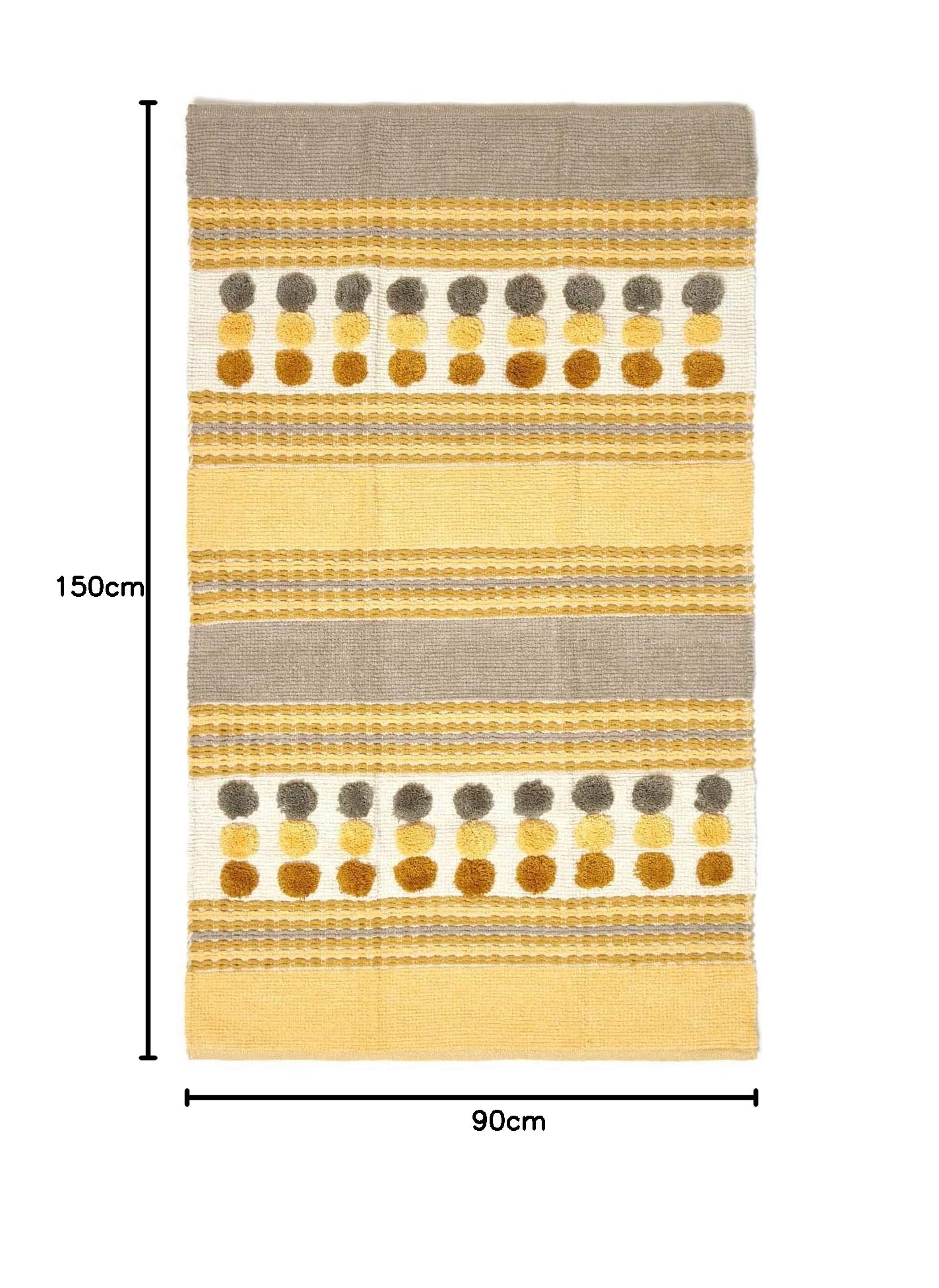 Homescapes waschbarer Chenille Teppich/Bettvorleger 90 x 150 cm, handgewebt aus 100% Baumwolle, moderner Baumwollteppich, senfgelb, grau und Creme gestreift mit getufteten Kreisen